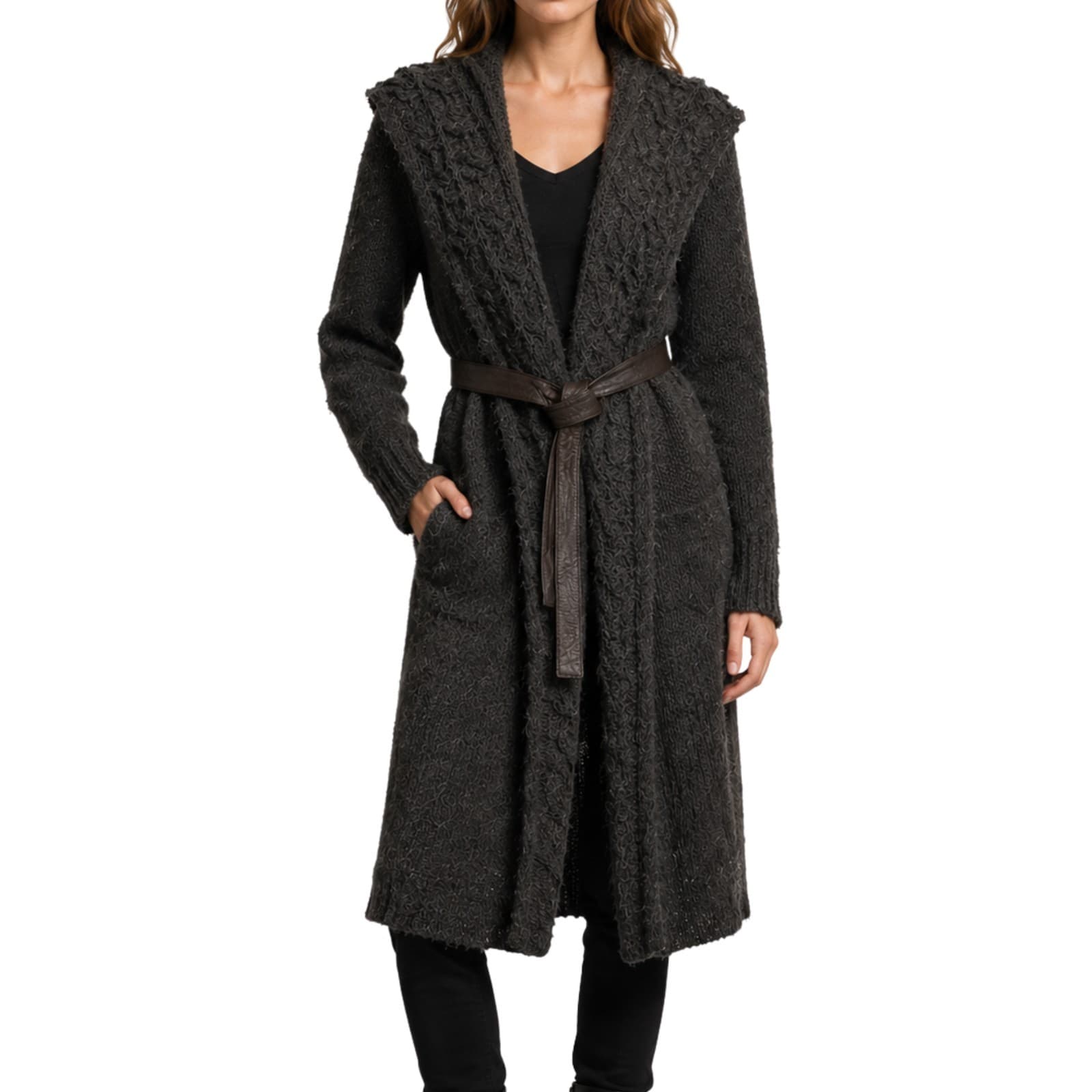 Scanlan Theodore Black Label Hooded Longline Hooded Cardigan Alpaca Wool Leather — photo 1 of 13