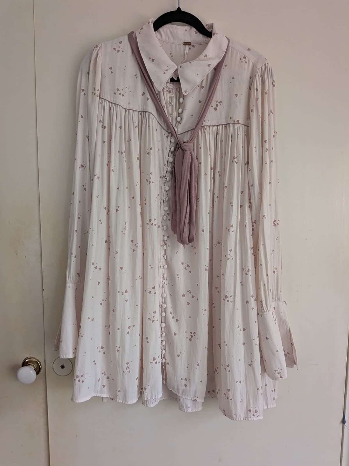 Free People Heart Print Top Size L Cream Brown Romantic Boho Blouse — photo 2 of 10