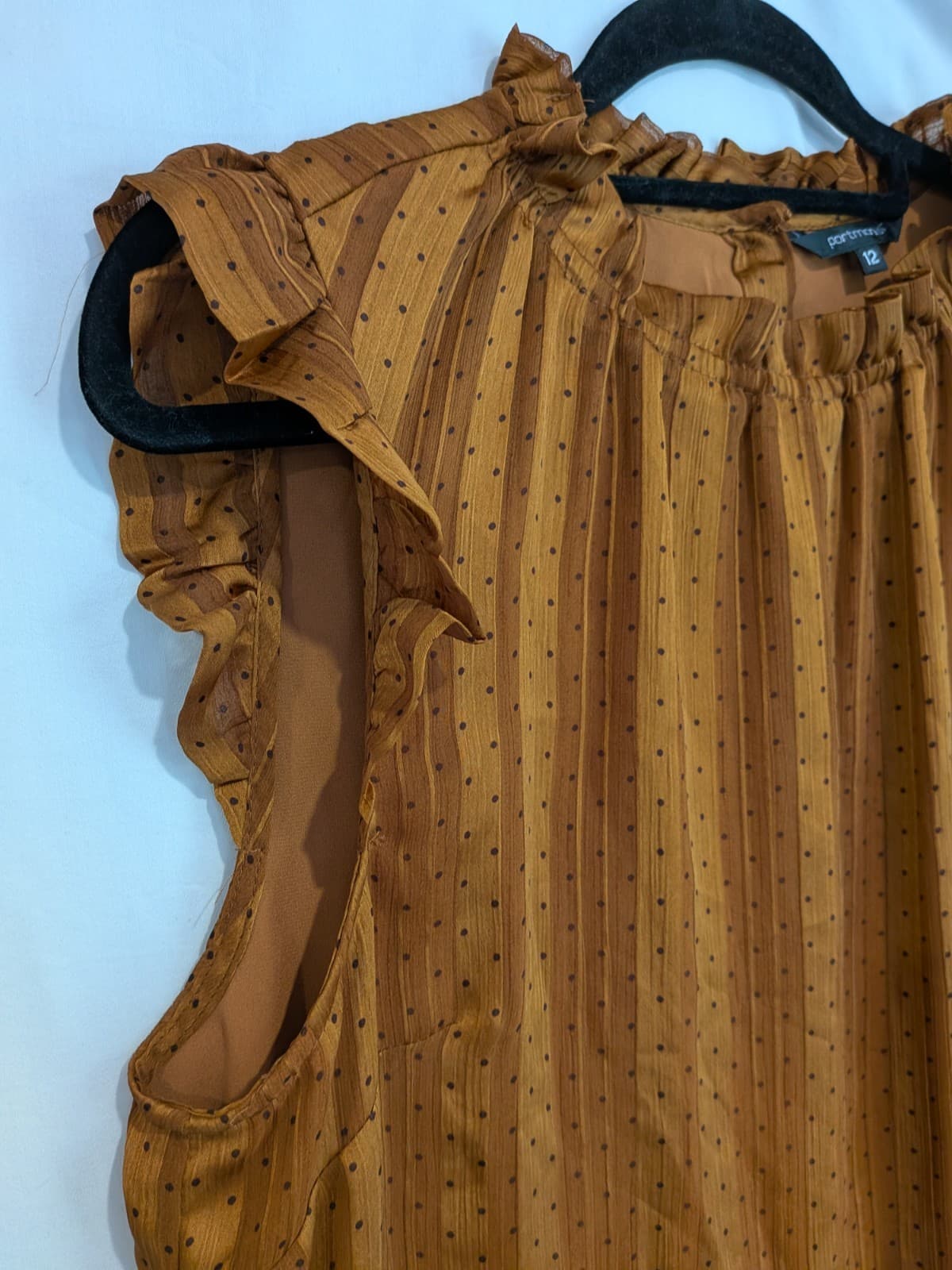 Portmans Rust Polka Dot Ruffle Blouse Top Sleeveless Boho Size 12 AU 8 US — photo 5 of 9