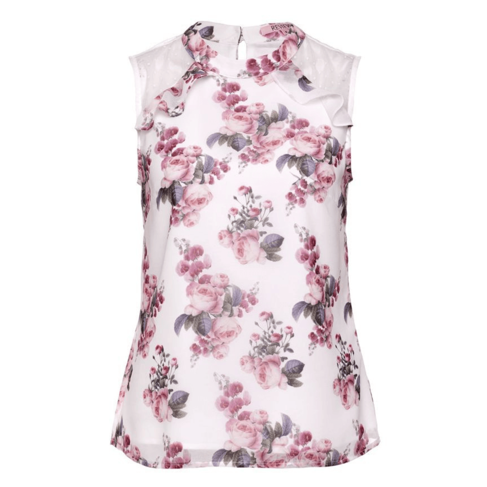 Review Floral High Neck Top Cream Rose Print Sheer Mesh Sleeveless Size 10 — photo 1 of 8