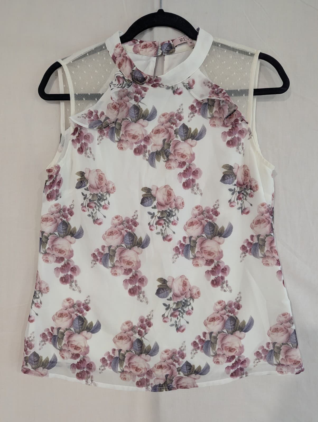 Review Floral High Neck Top Cream Rose Print Sheer Mesh Sleeveless Size 10 — photo 2 of 8