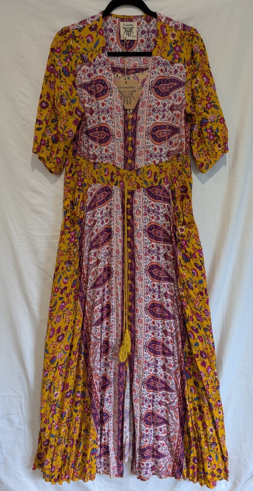 Dreamcatcher Boho Maxi Dress Size 10 M 12 Festival Floral Rayon Tiered Mustard — photo 3 of 11