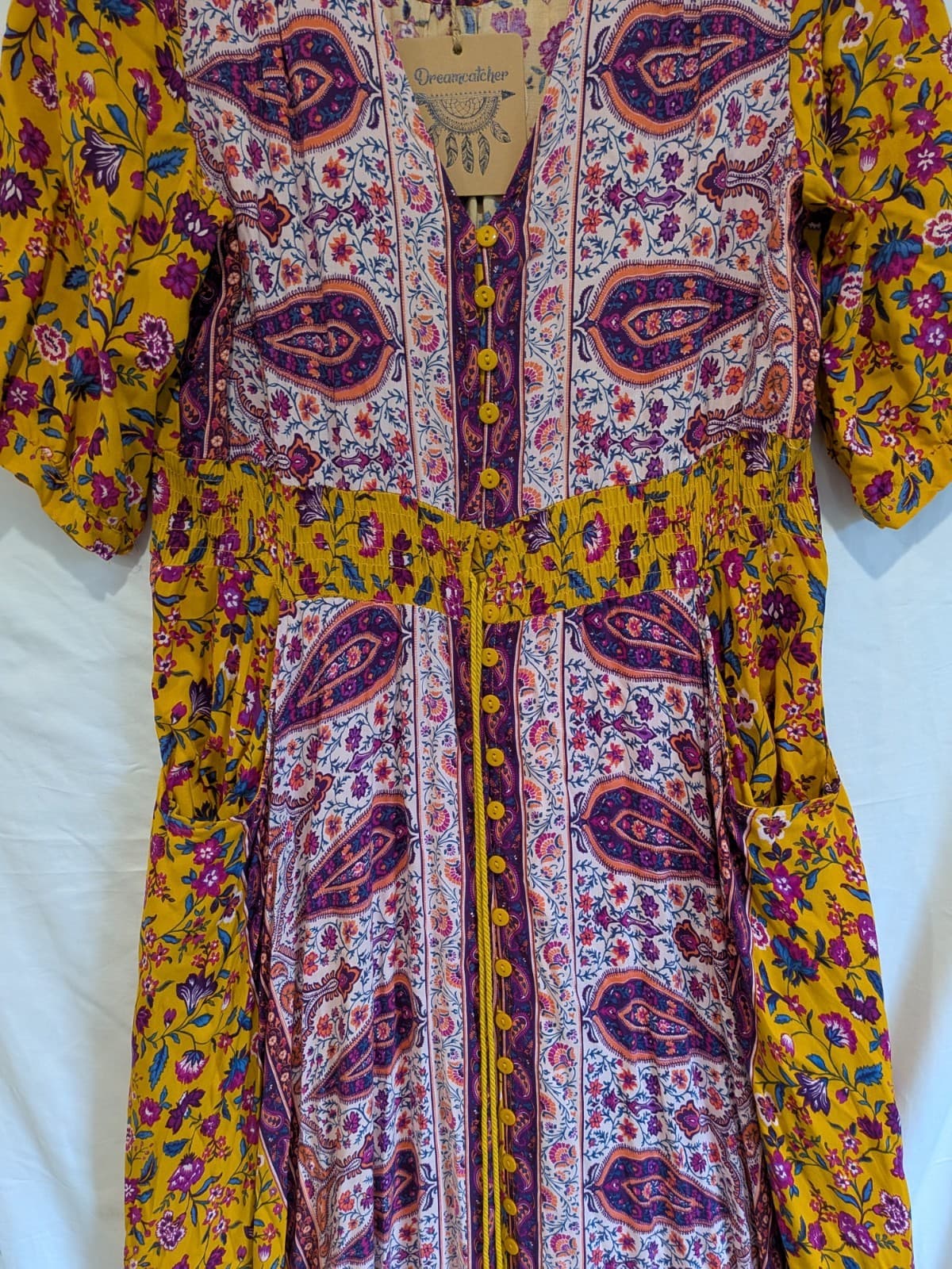 Dreamcatcher Boho Maxi Dress Size 10 M 12 Festival Floral Rayon Tiered Mustard — photo 5 of 11