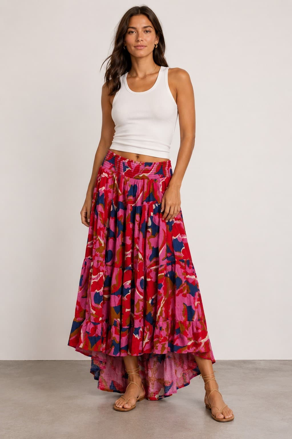 Mister Zimi Maxi Skirt Size 16 Pink Abstract Print Tiered Shirred Waist Boho — photo 2 of 8