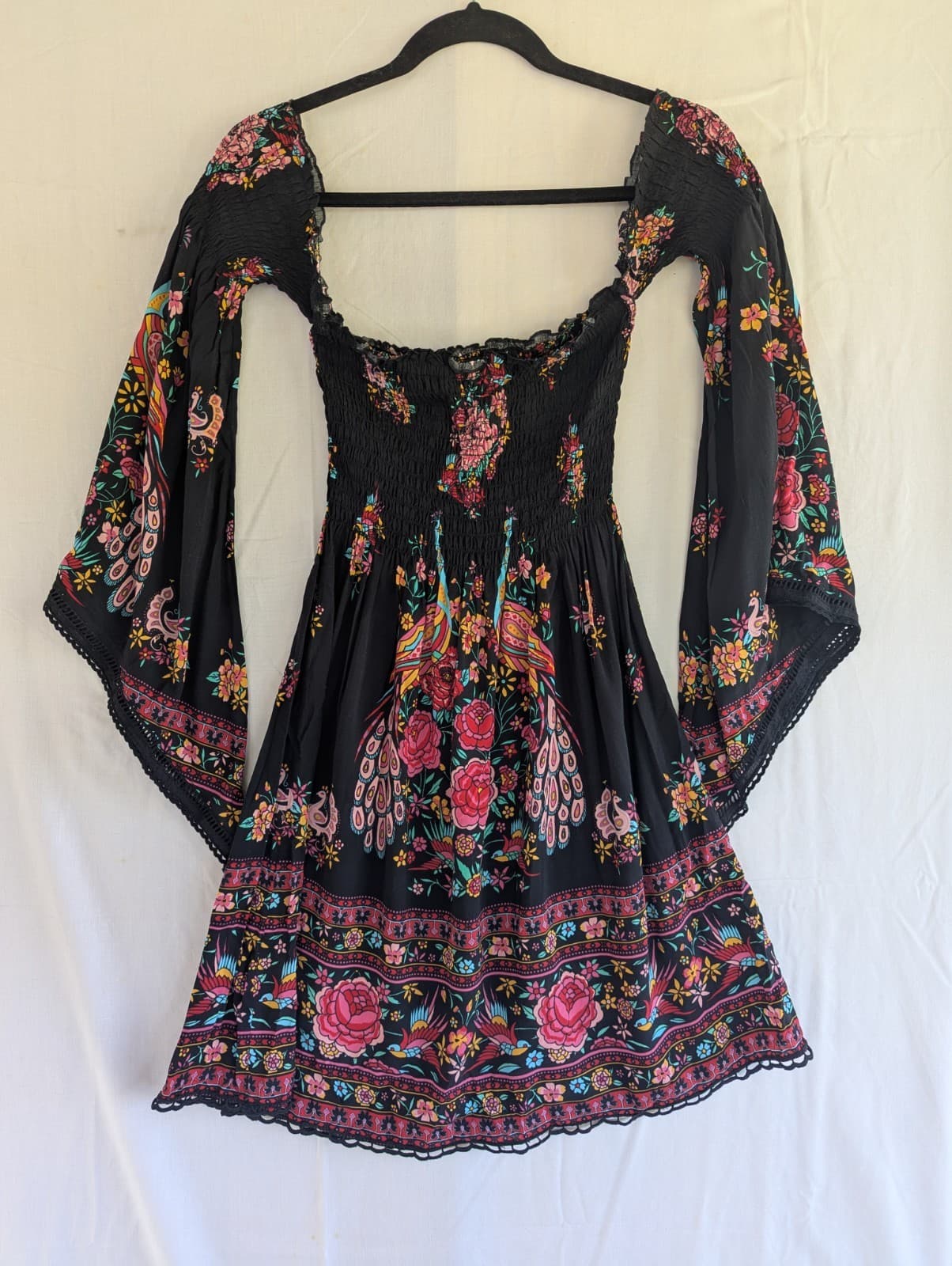 Spell & The Gypsy Vintage Era Peacock Boho Dress Black Floral Smocked Size S — photo 4 of 12