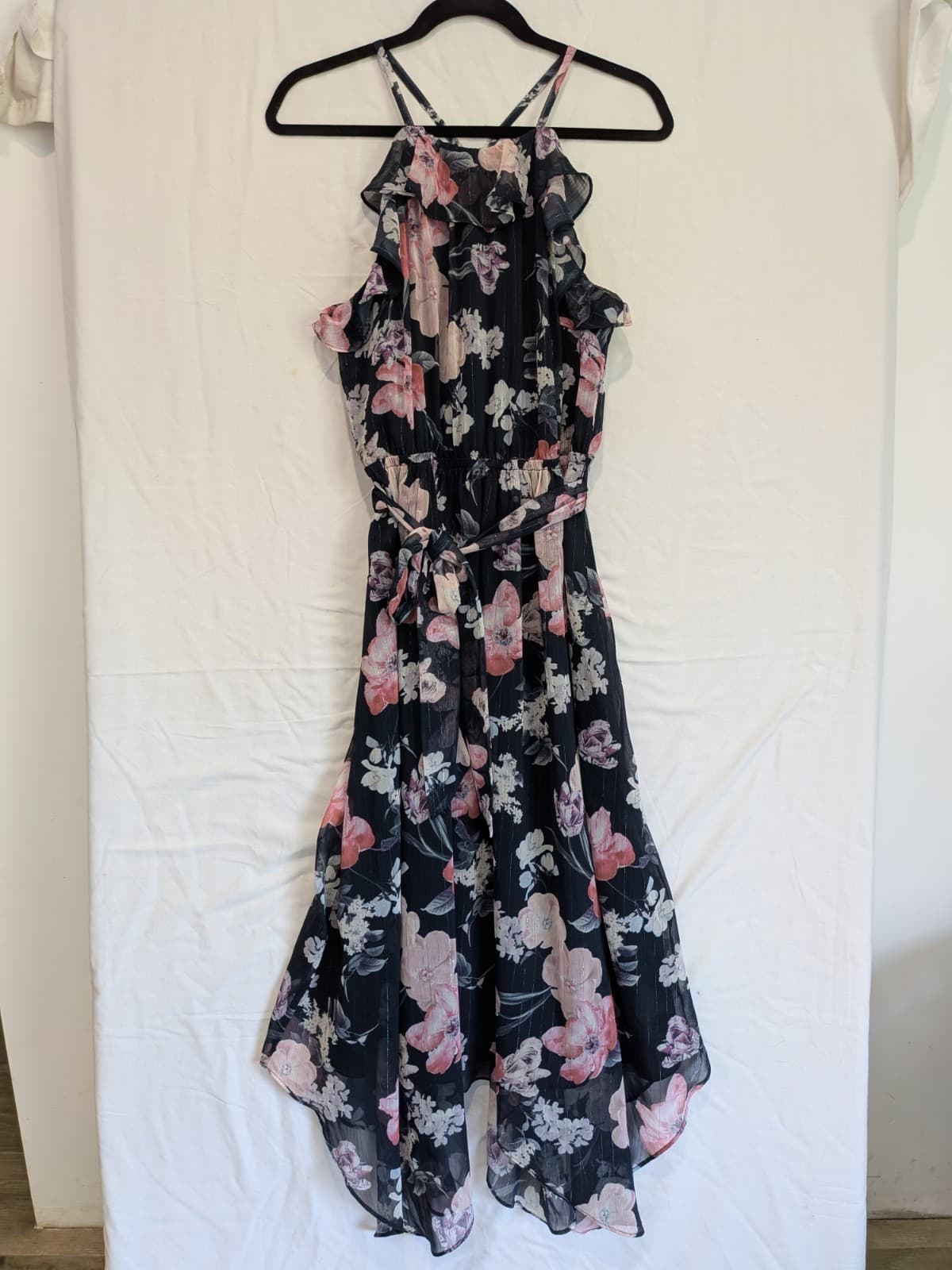 Portmans Dress Size Aus 12 Us 8 Floral Midi Navy Pink Halter Ruffle Tie Waist — photo 3 of 12