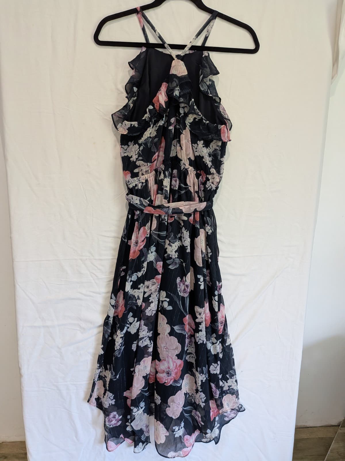 Portmans Dress Size Aus 12 Us 8 Floral Midi Navy Pink Halter Ruffle Tie Waist — photo 10 of 12