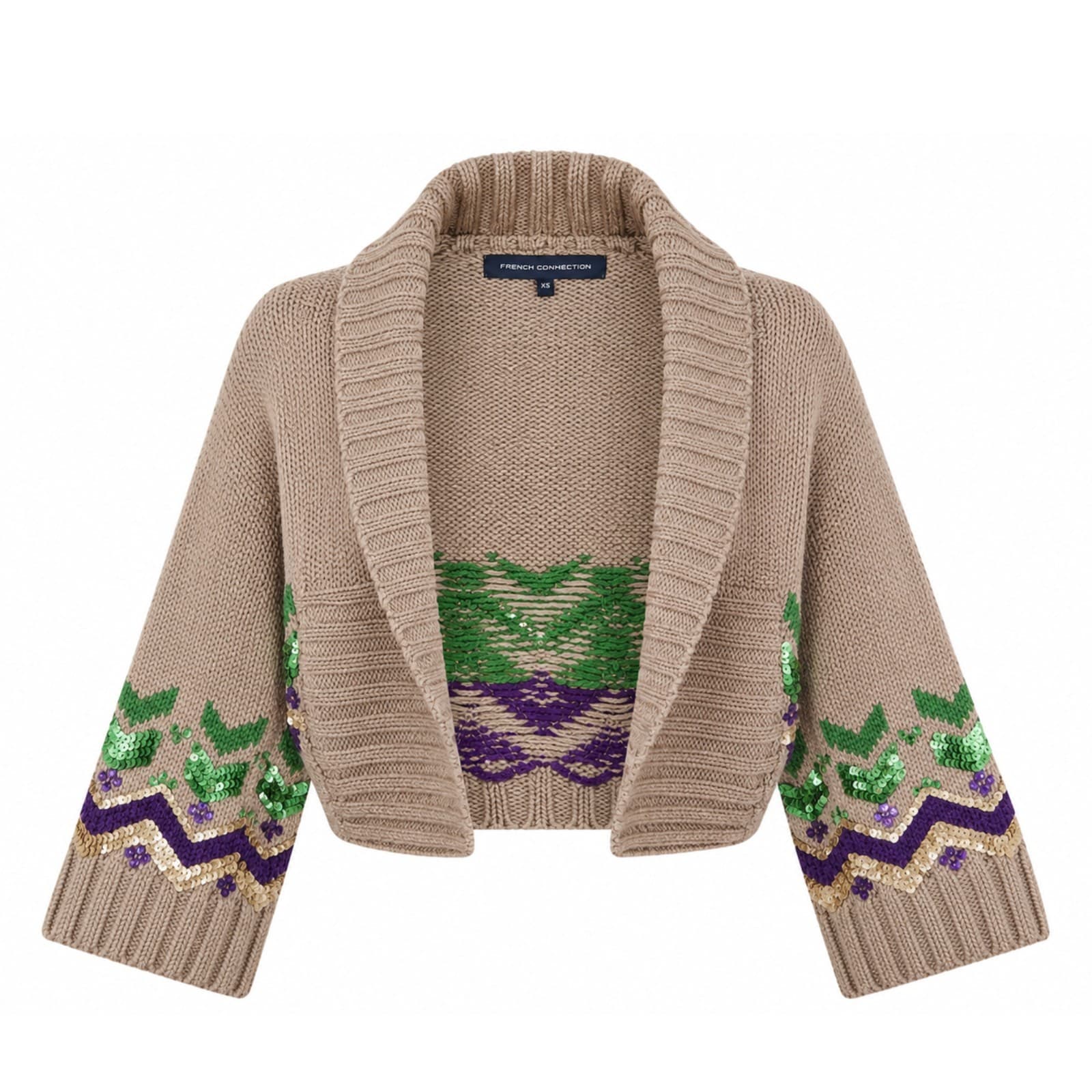French Connection XS Wool Sequin Knit Cardigan Beige Cropped Boho Festival — photo 1 of 10