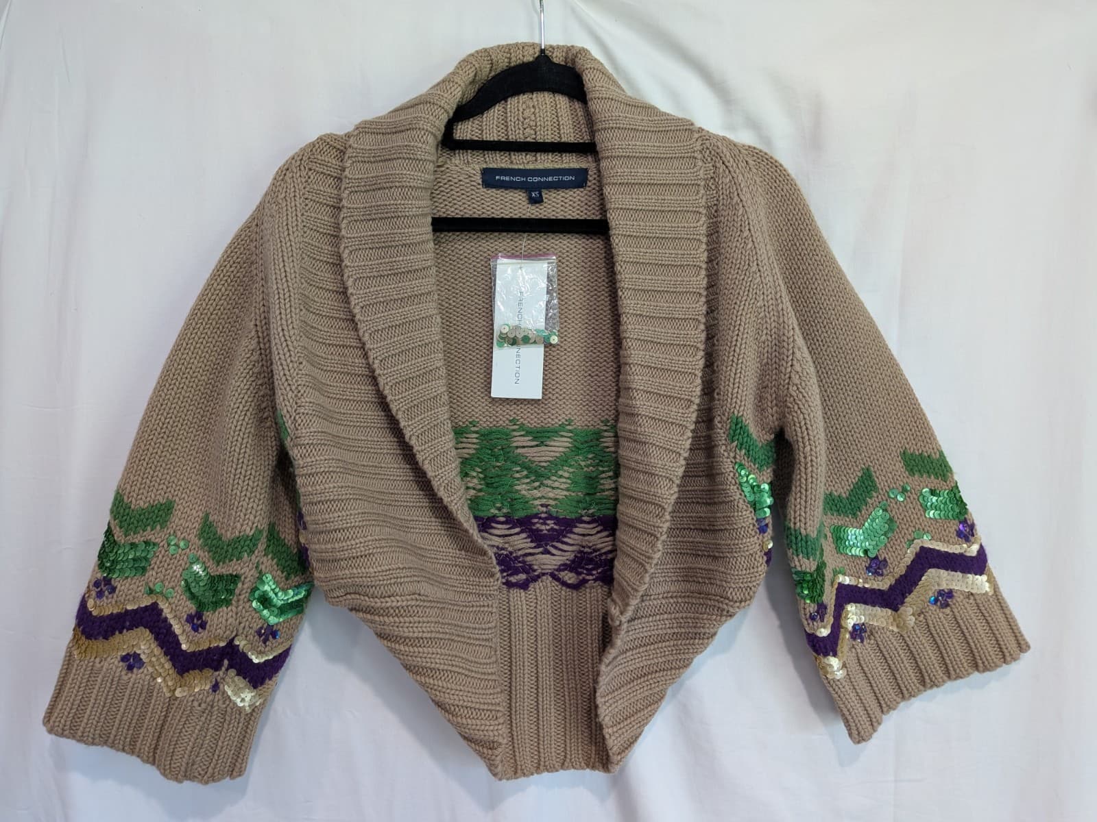French Connection XS Wool Sequin Knit Cardigan Beige Cropped Boho Festival — photo 2 of 10
