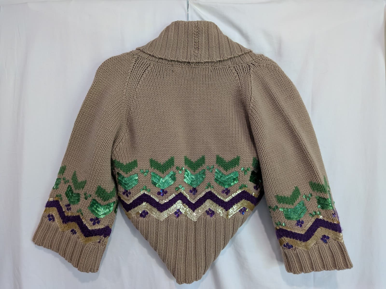 French Connection XS Wool Sequin Knit Cardigan Beige Cropped Boho Festival — photo 9 of 10