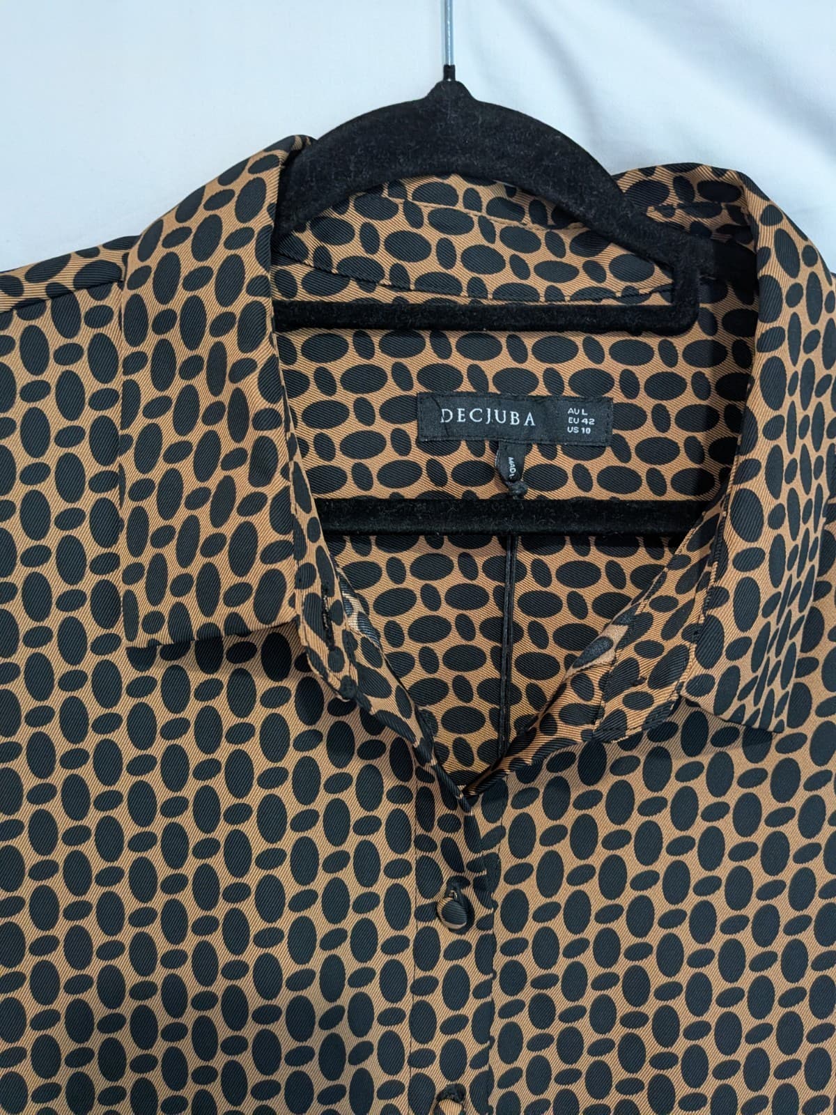 Decjuba Oversized Shirt Blouse Spot Print Brown Black Relaxed Womens Size L — photo 7 of 11