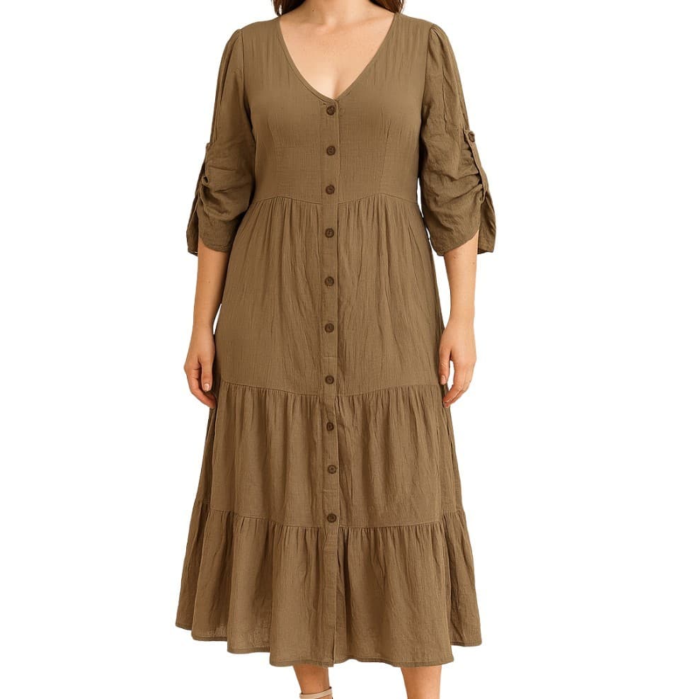 Tree Of Life Dress Size M Boho Rayon Tiered Maxi Button Front Khaki Brown — photo 1 of 8