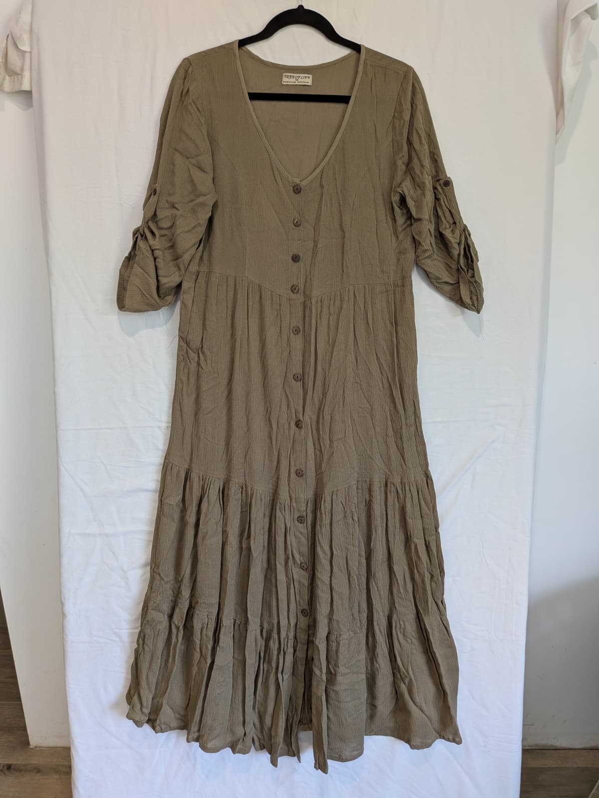 Tree Of Life Dress Size M Boho Rayon Tiered Maxi Button Front Khaki Brown — photo 2 of 8