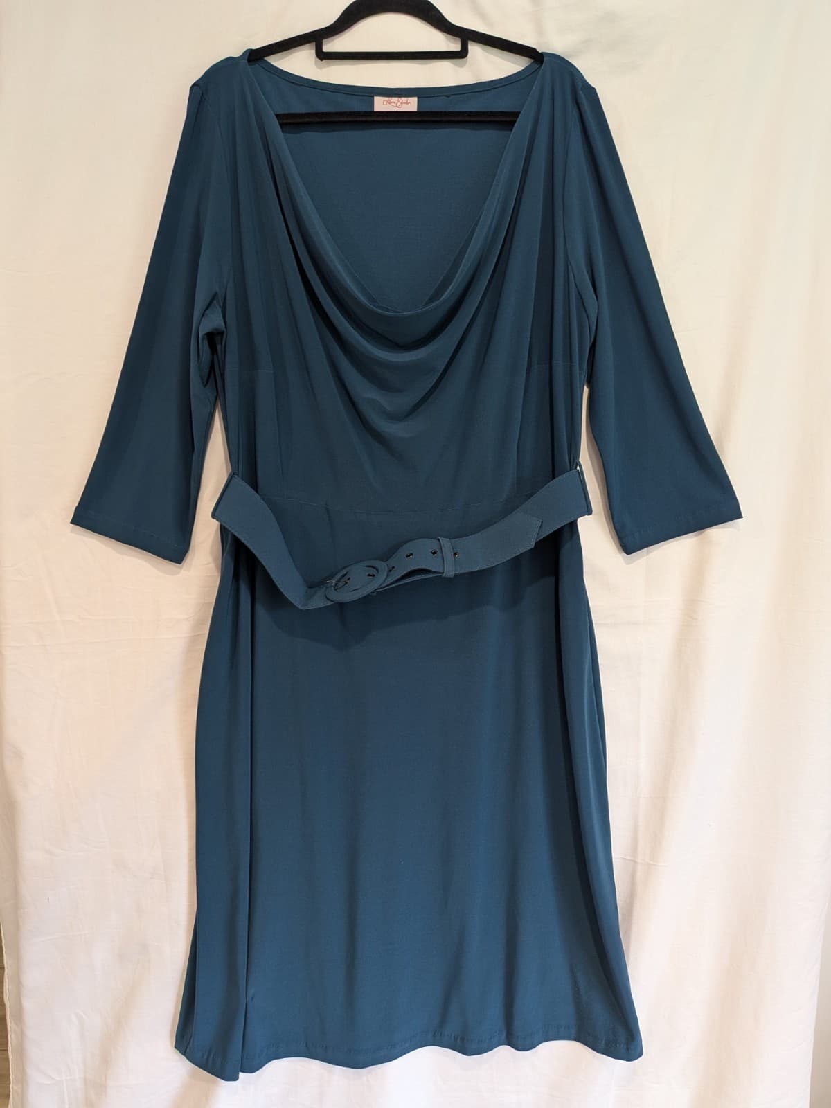 Leona Edmiston Dress Size 6 18 Green Blue Belted Cowl Neck Stretch Cocktail — photo 2 of 11
