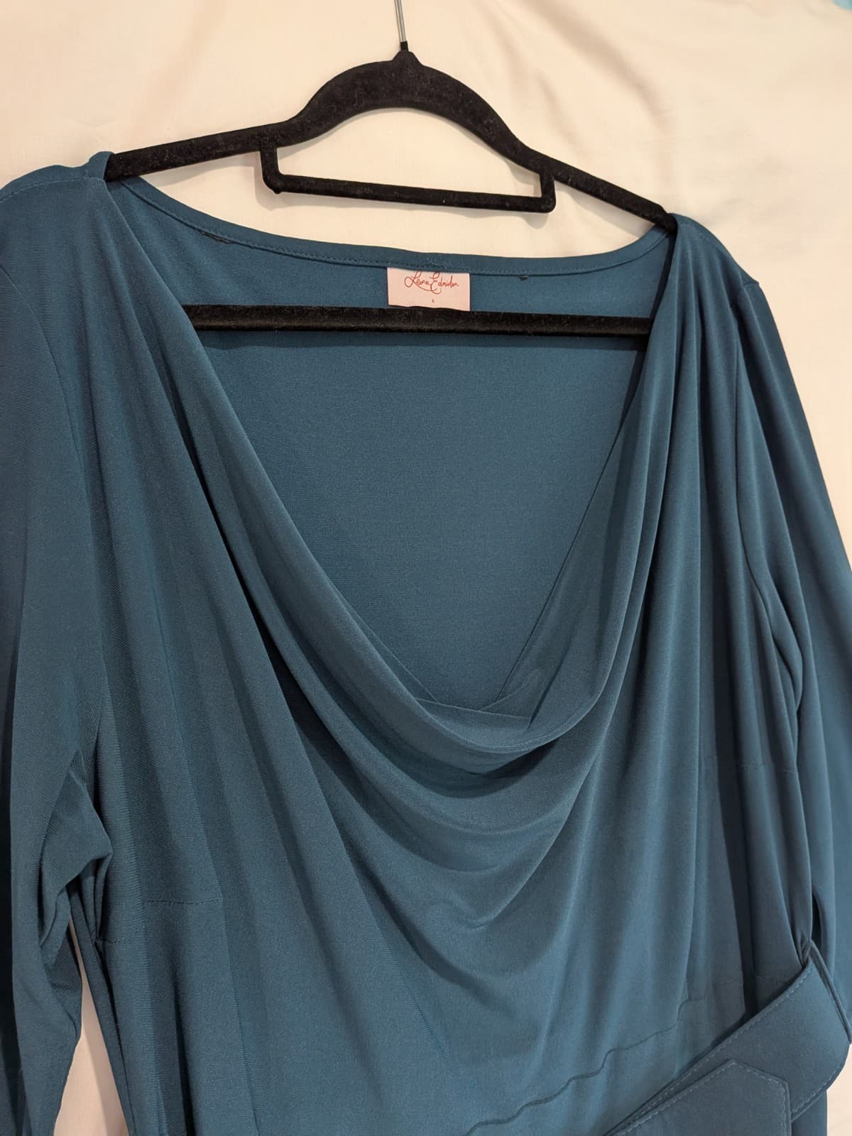 Leona Edmiston Dress Size 6 18 Green Blue Belted Cowl Neck Stretch Cocktail — photo 5 of 11