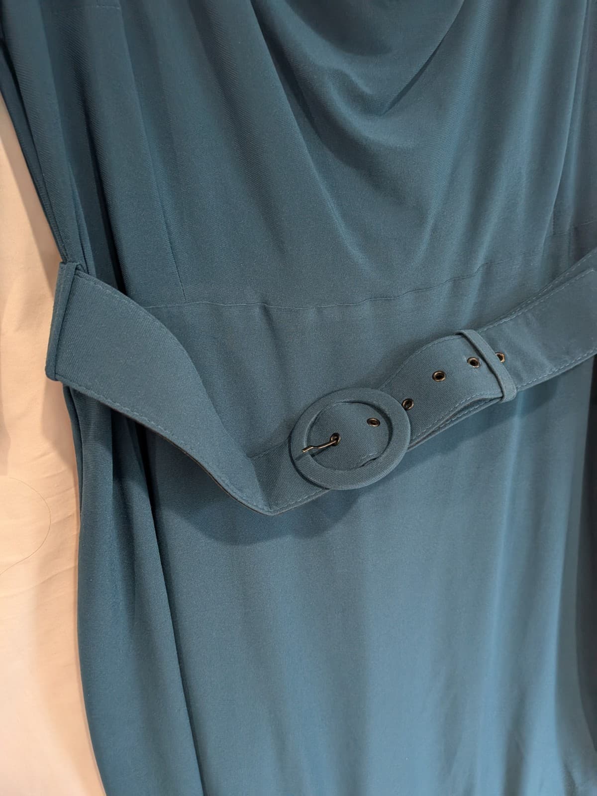Leona Edmiston Dress Size 6 18 Green Blue Belted Cowl Neck Stretch Cocktail — photo 6 of 11
