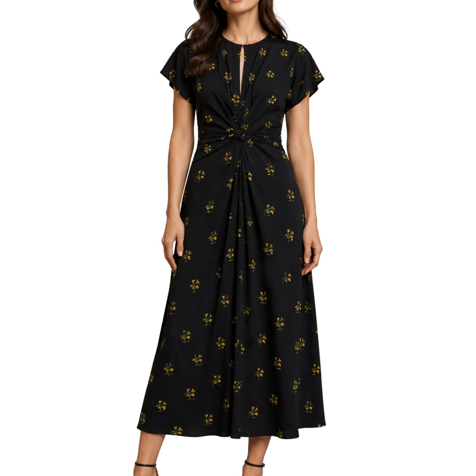 Oroton Black Embroidered Floral Midi Dress Gathered Waist Size 14 AU — photo 1 of 18