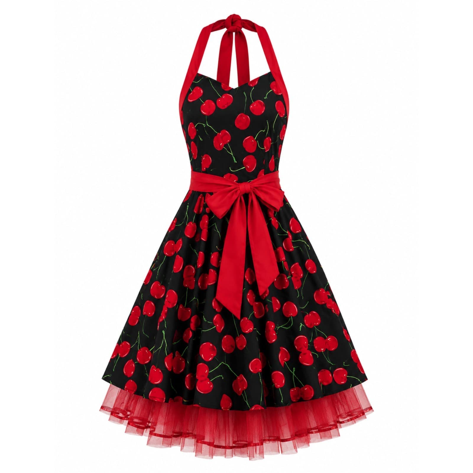 Hearts Roses Cherry Print Halter Dress Rockabilly Pin Up Swing Retro Size 18 — photo 1 of 13