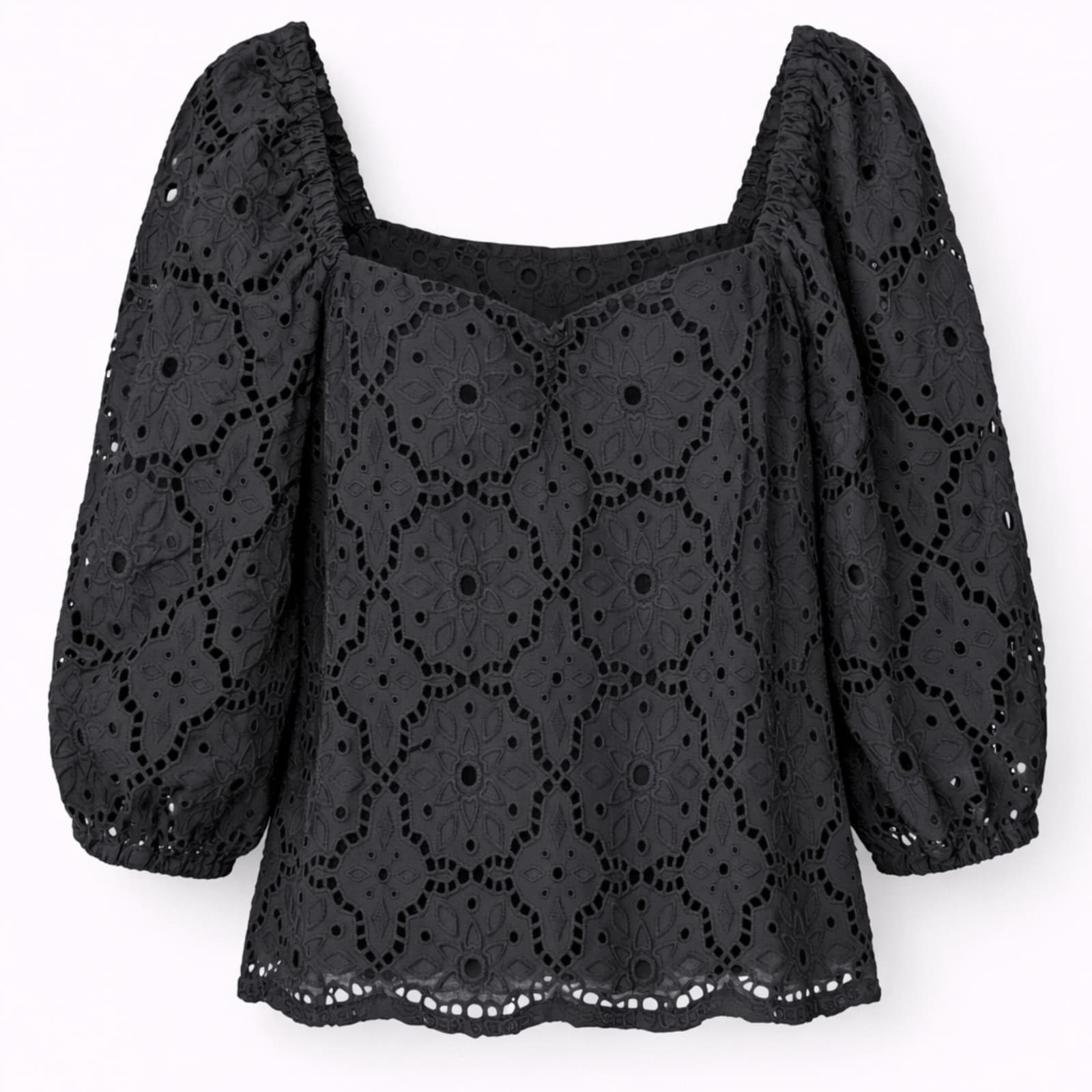 Portmans Black Broderie Anglaise Cotton Blouse Puff Sleeve AUS 16 US 12 — photo 1 of 8