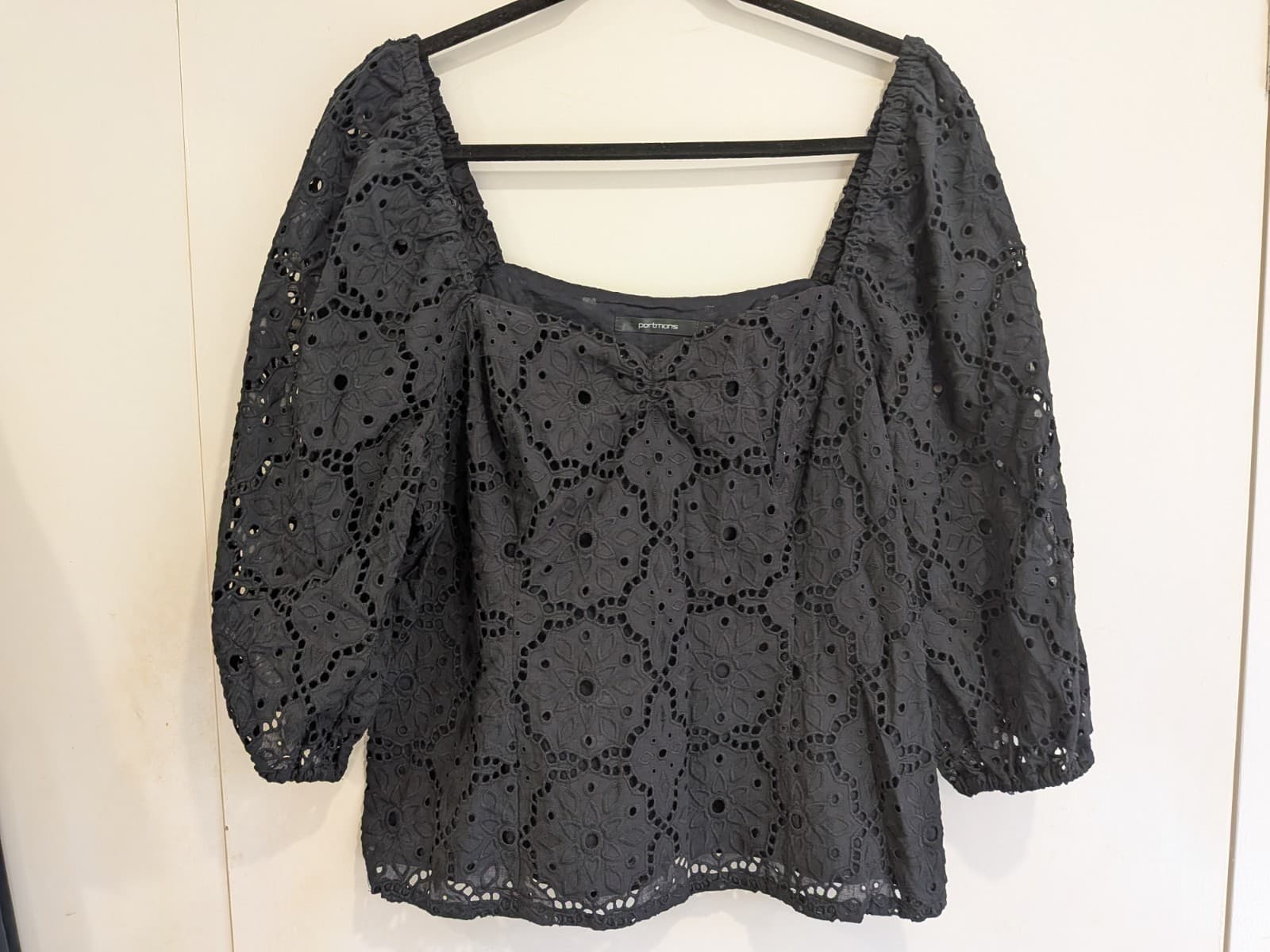Portmans Black Broderie Anglaise Cotton Blouse Puff Sleeve AUS 16 US 12 — photo 2 of 8