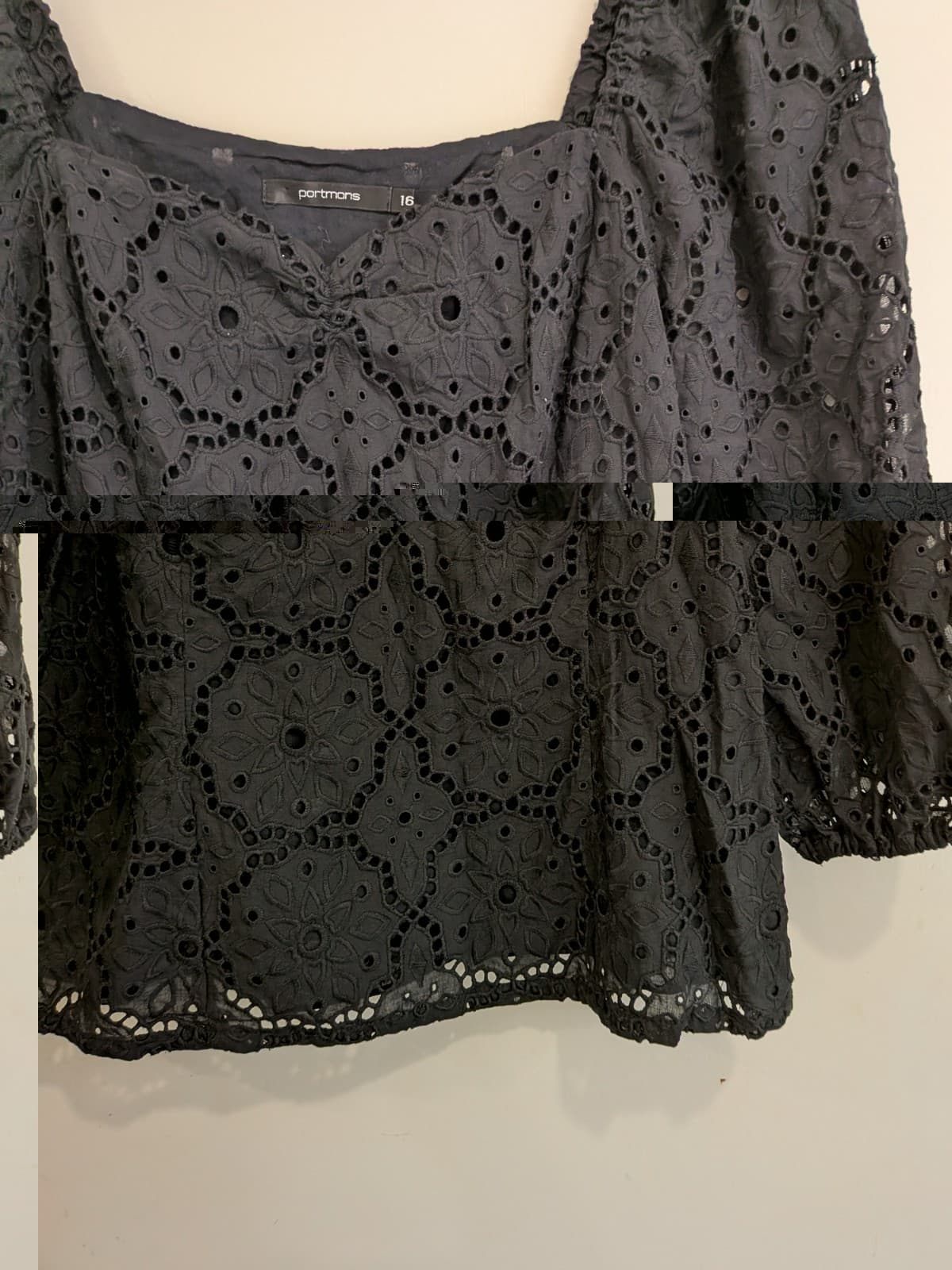 Portmans Black Broderie Anglaise Cotton Blouse Puff Sleeve AUS 16 US 12 — photo 6 of 8