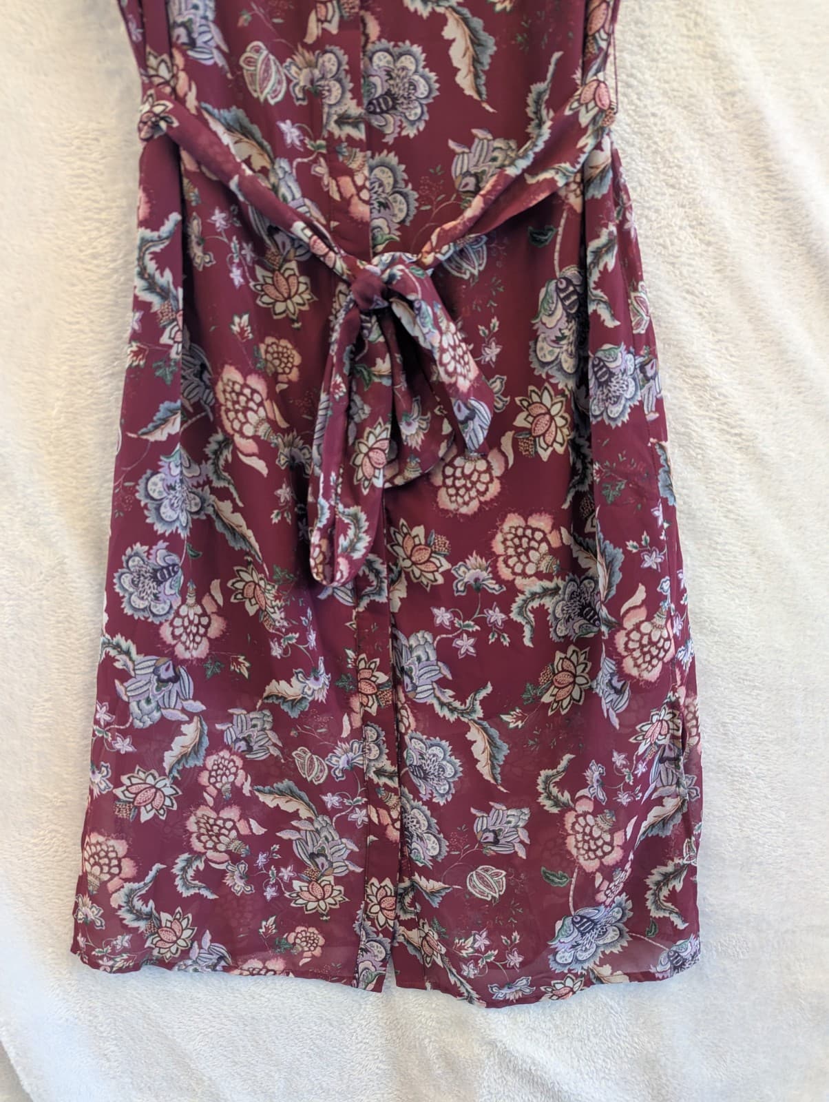 Portmans Floral Midi Dress Belted Flutter Sleeve AUS 10 US 6 Maroon Button Front — photo 3 of 8