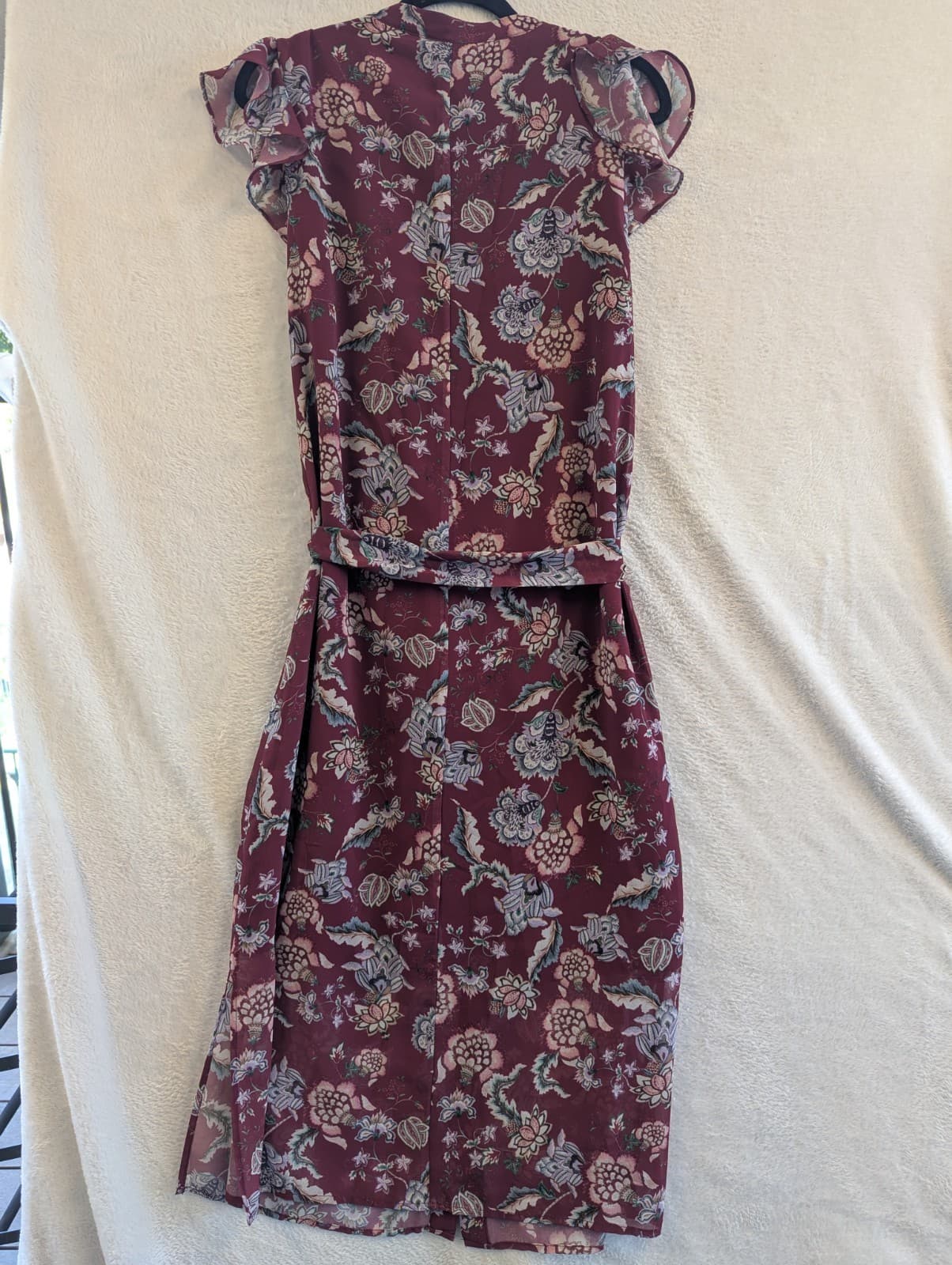 Portmans Floral Midi Dress Belted Flutter Sleeve AUS 10 US 6 Maroon Button Front — photo 8 of 8