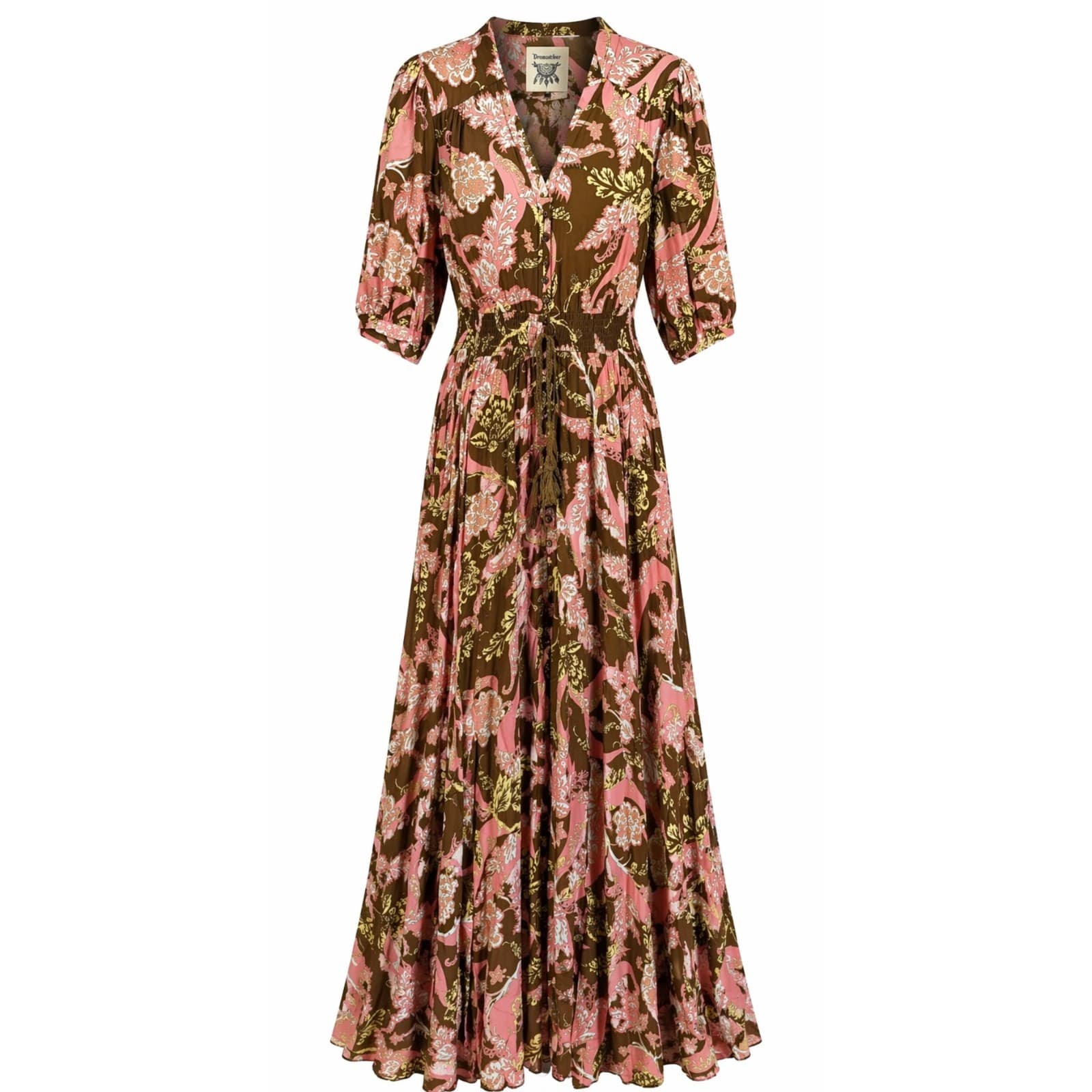 Dreamcatcher Dress Size 8 US 4 Boho Maxi Brown Pink Floral Tassel Button — photo 1 of 12