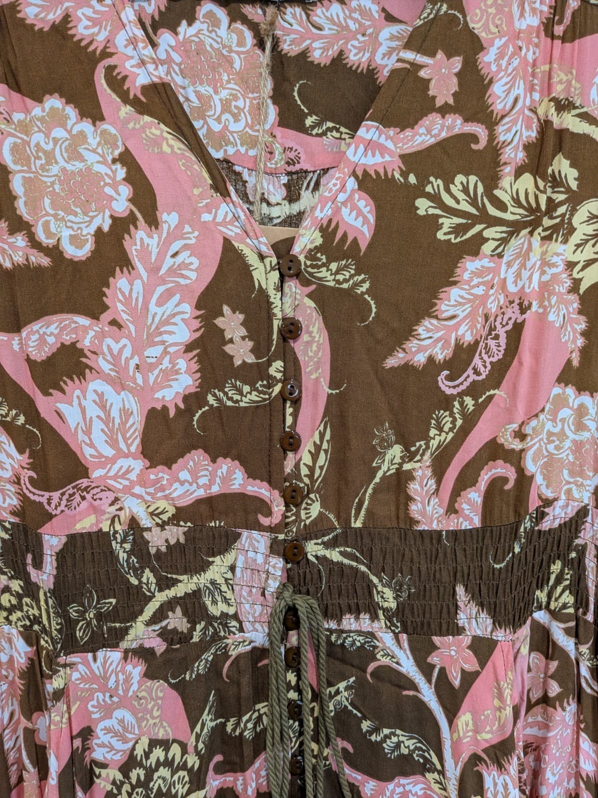Dreamcatcher Dress Size 8 US 4 Boho Maxi Brown Pink Floral Tassel Button — photo 6 of 12