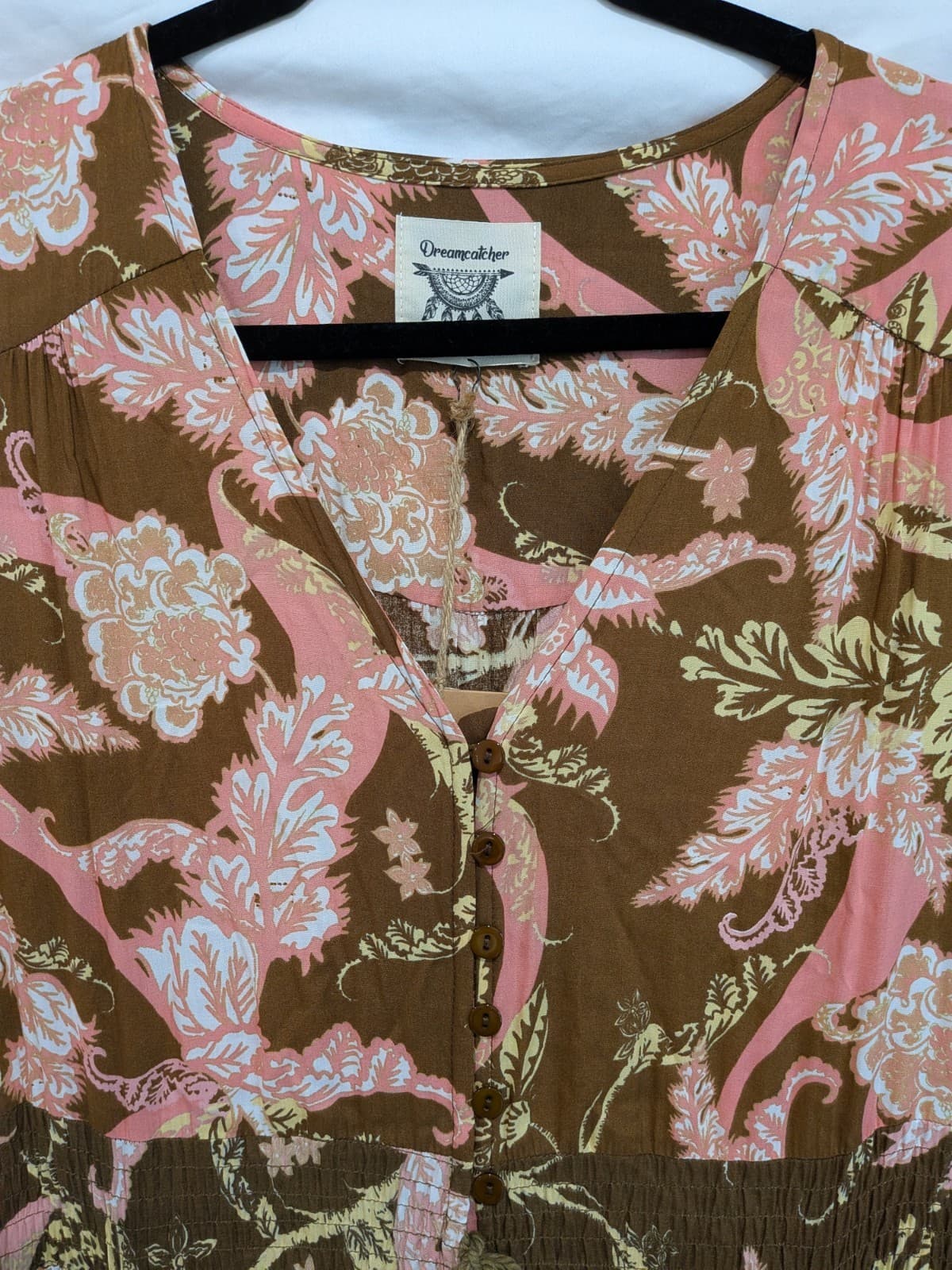 Dreamcatcher Dress Size 8 US 4 Boho Maxi Brown Pink Floral Tassel Button — photo 9 of 12