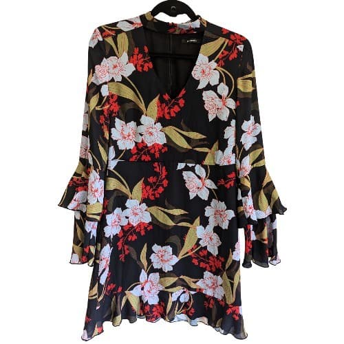 Portmans Dress Size 12 AUS 8 US Black Red Floral Ruffle Bell Sleeve Mini A Line — photo 2 of 8