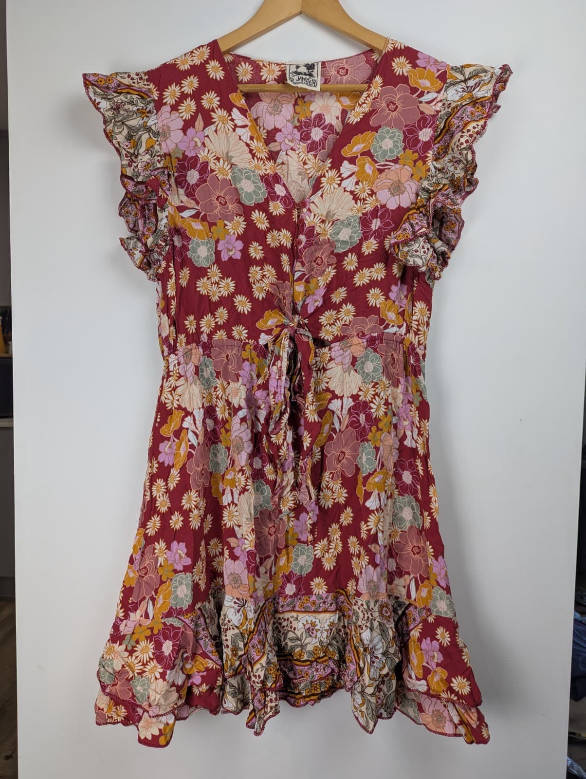 Jaase Boho Dres Size S AUS 10 US 6 Floral Mini Burgundy Ruffle Red Orange Beach — photo 3 of 9
