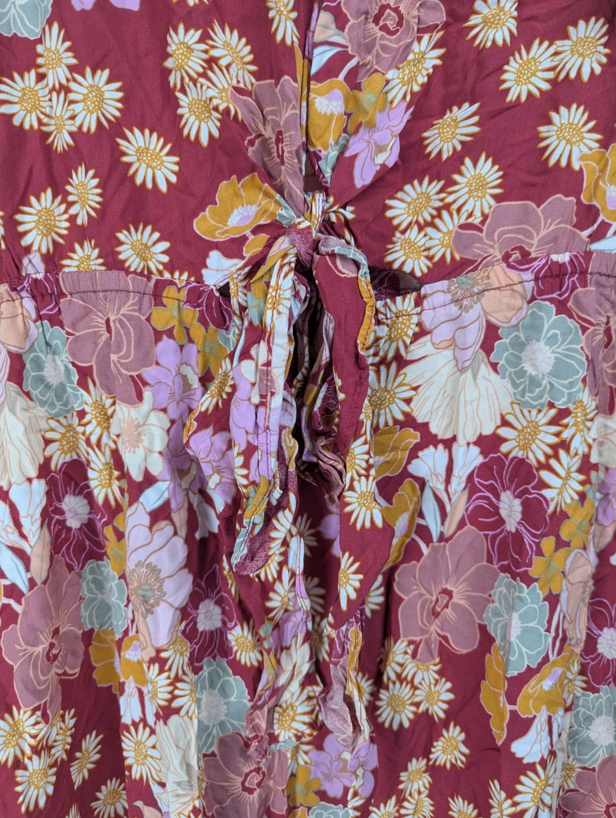 Jaase Boho Dres Size S AUS 10 US 6 Floral Mini Burgundy Ruffle Red Orange Beach — photo 4 of 9