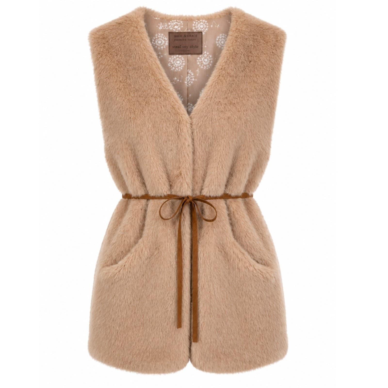 Zara Girls Faux Fur Vest Y2K Boho Tan Sleeveless Jacket Waist Tie Size 13 14 — photo 1 of 10