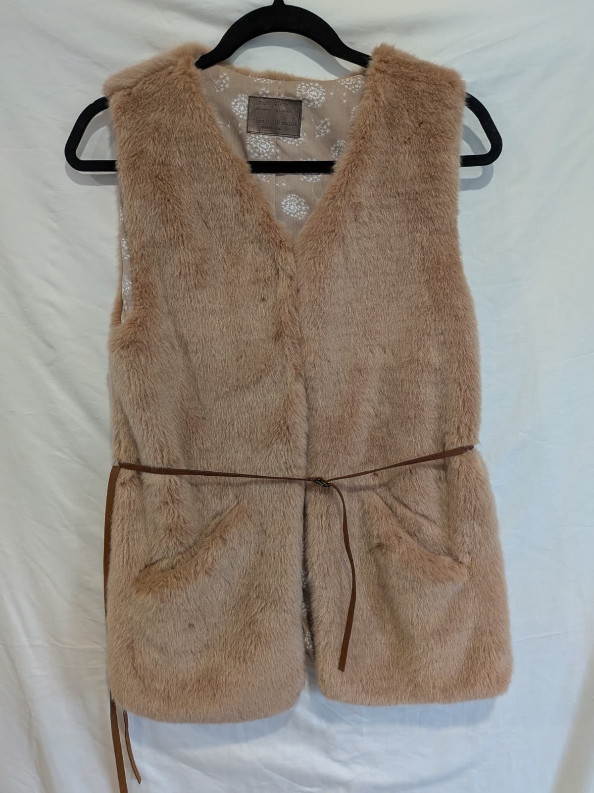 Zara Girls Faux Fur Vest Y2K Boho Tan Sleeveless Jacket Waist Tie Size 13 14 — photo 2 of 10