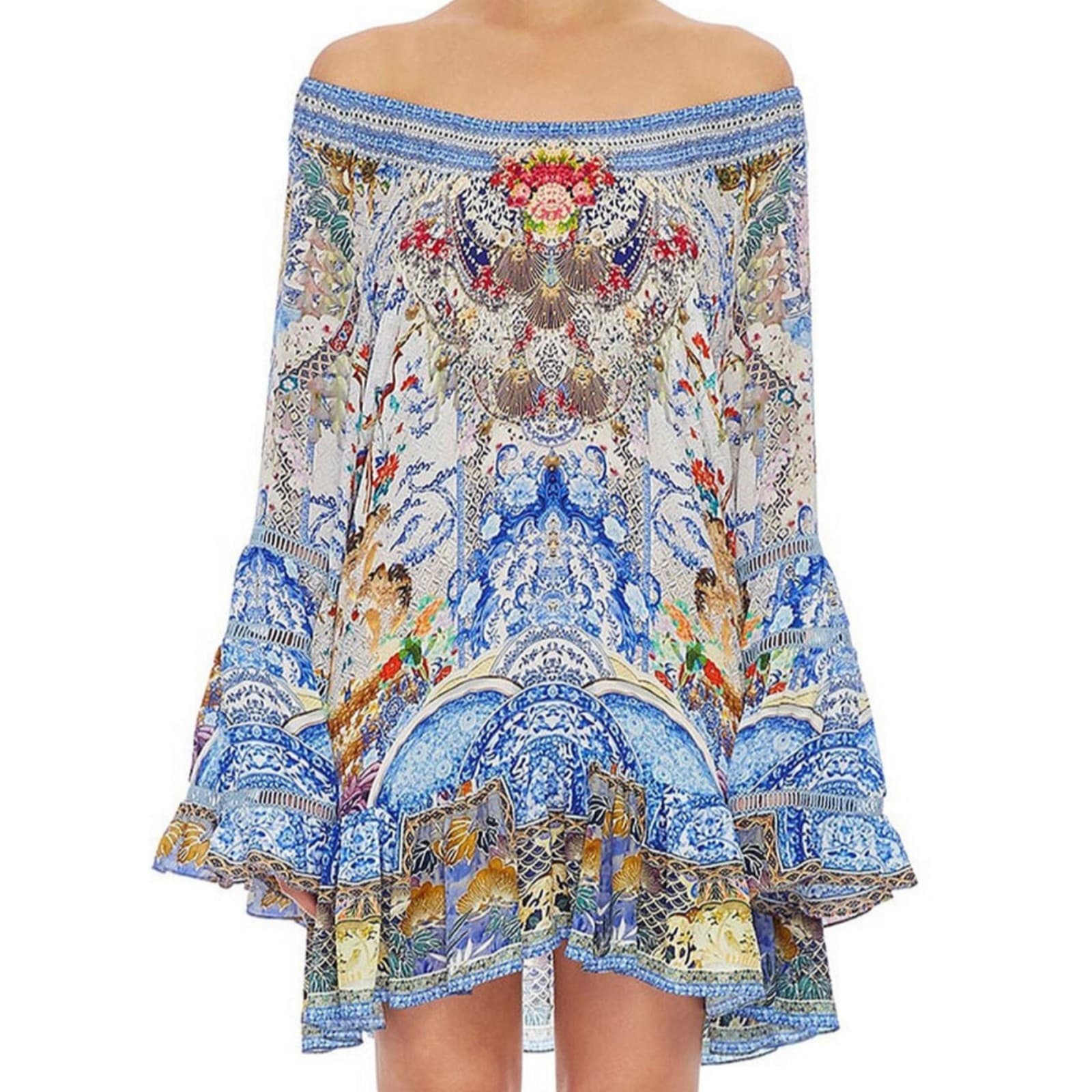 Camilla Geisha Gateways Silk Frill Dress Blue Off Shoulder Crystal Embellished L — photo 1 of 17
