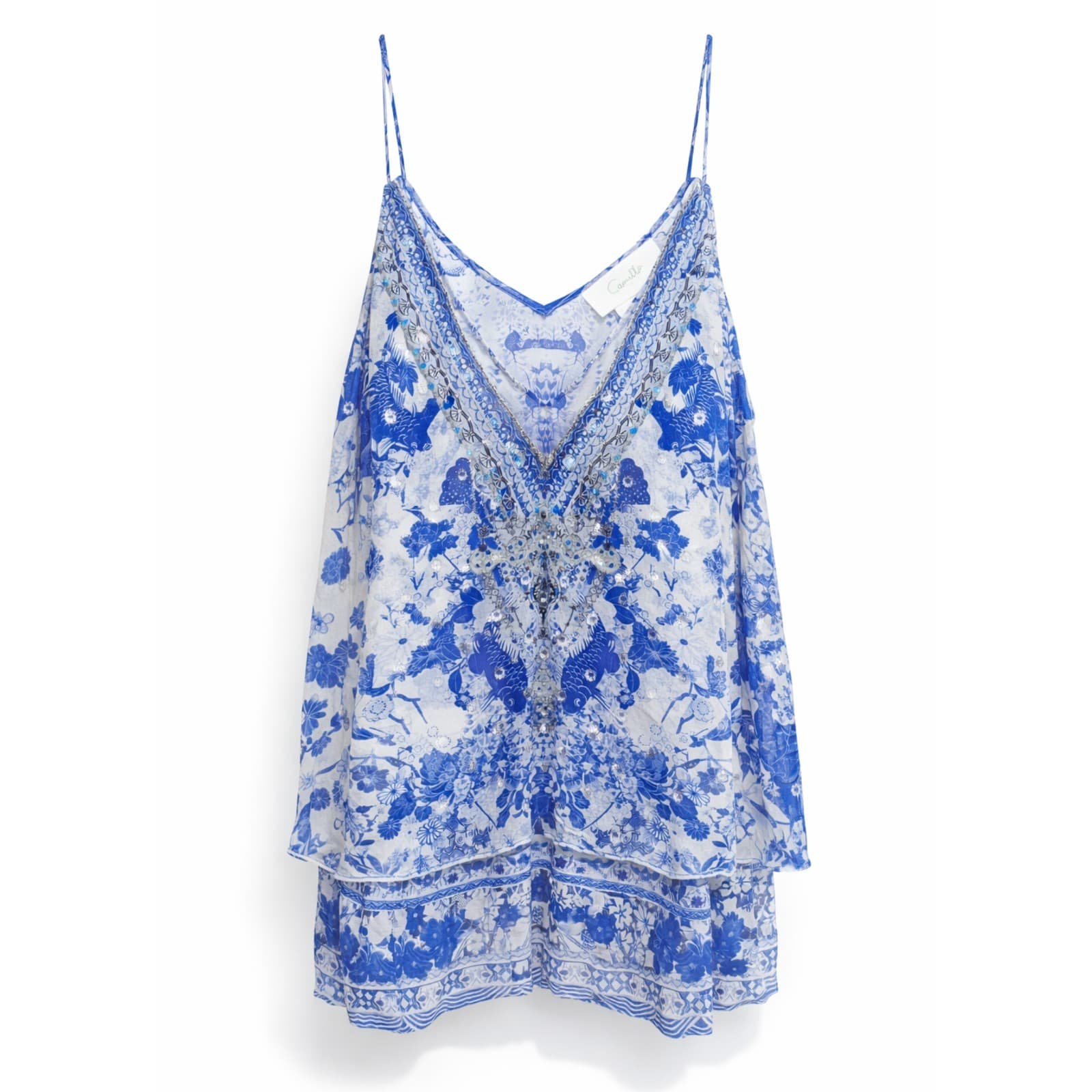 Camilla The Fan Sea Top Silk Floral Blue Print Cami Size L Crystals Embellished — photo 2 of 18