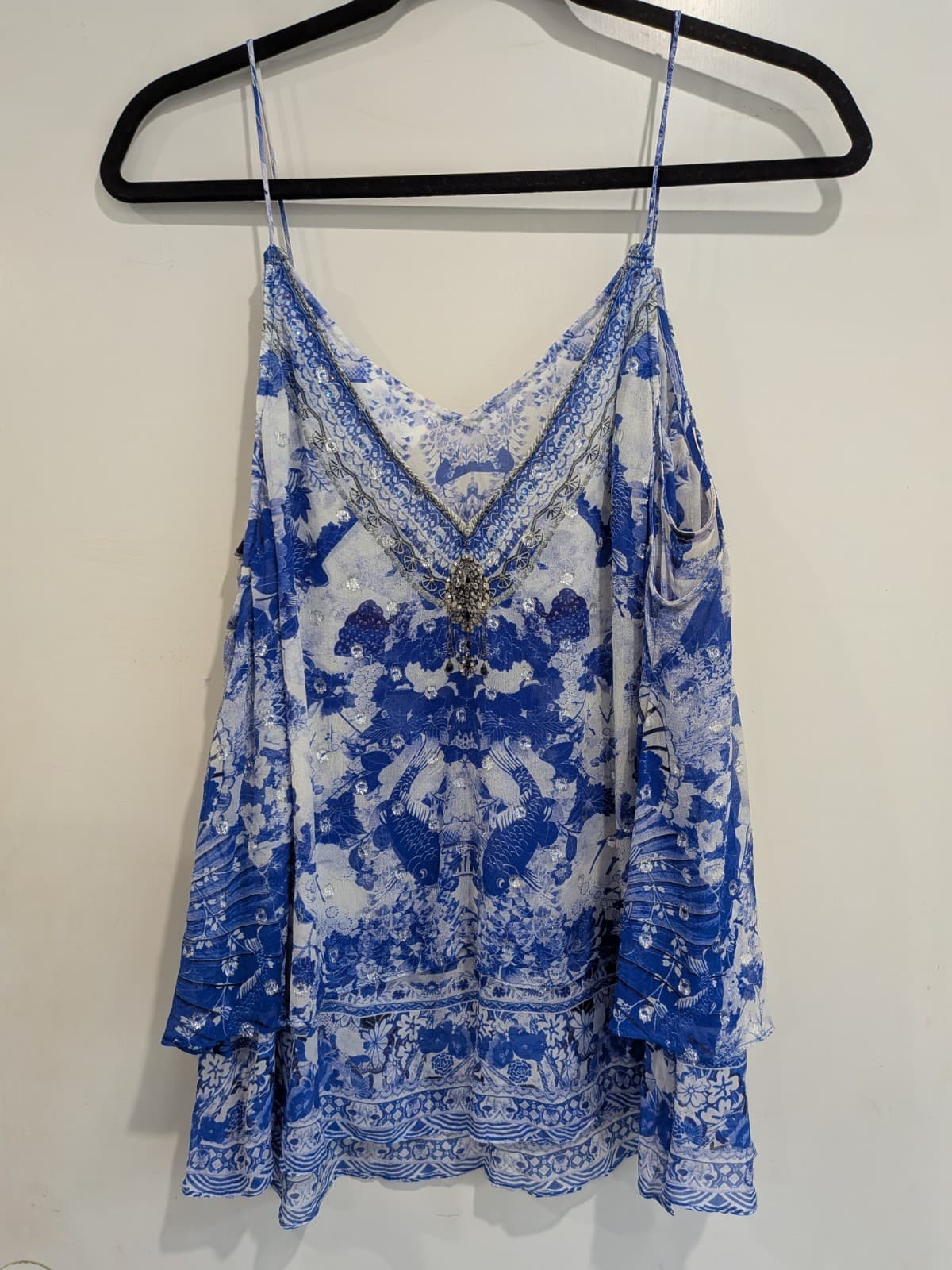 Camilla The Fan Sea Top Silk Floral Blue Print Cami Size L Crystals Embellished — photo 13 of 18