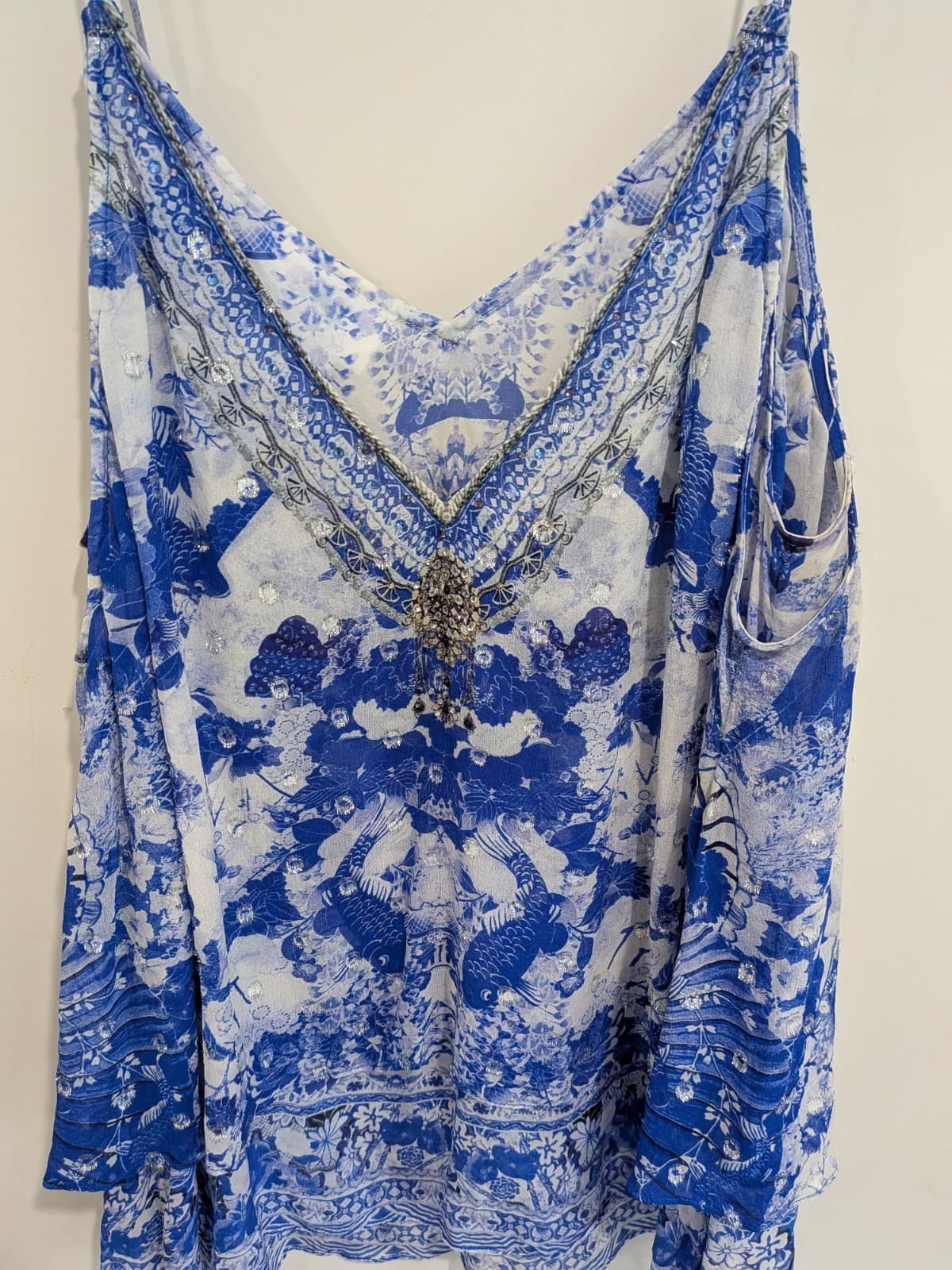Camilla The Fan Sea Top Silk Floral Blue Print Cami Size L Crystals Embellished — photo 14 of 18
