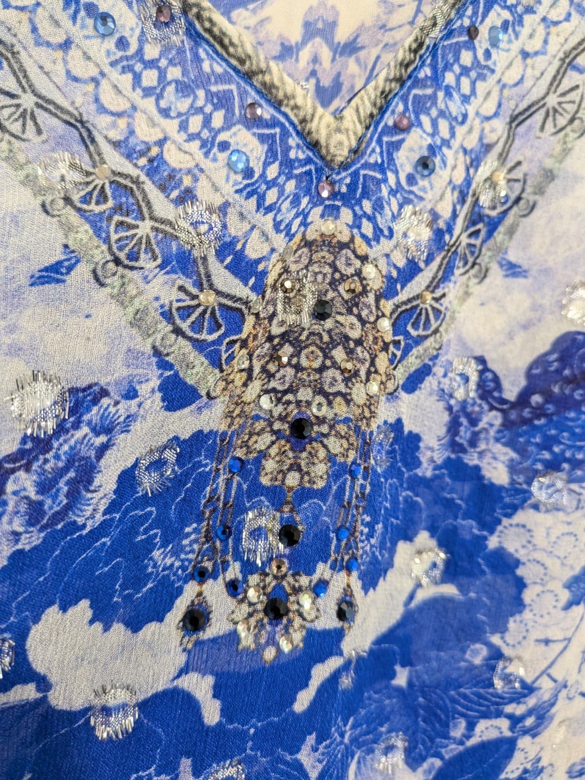 Camilla The Fan Sea Top Silk Floral Blue Print Cami Size L Crystals Embellished — photo 15 of 18