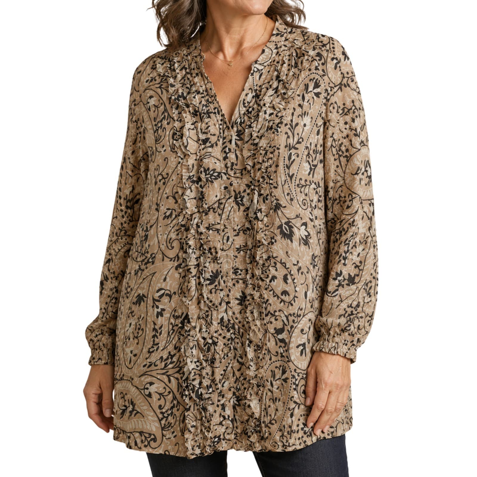 Adorne Dress Size 18 AUS 14 US Paisley Ruffle Shirt Dress Beige Boho Plus Size — photo 1 of 15