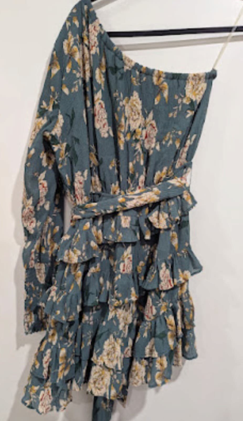 Pink Diamond Dress Size M Aus 10 US 6 Mini One Shoulder Green Ruffle Floral Fun — photo 5 of 6