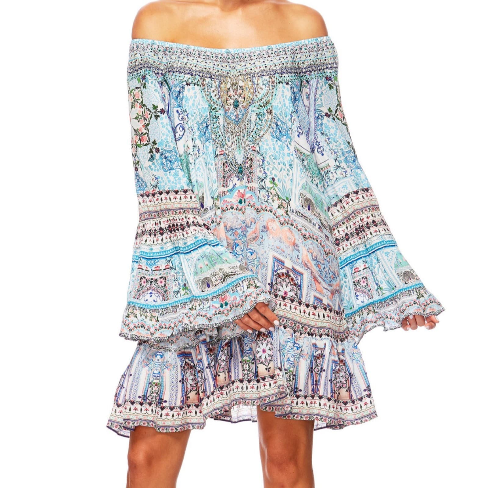 Camilla Lovers Retreat Silk Frill Dress Size S Blue Off Shoulder Crystal — photo 2 of 24