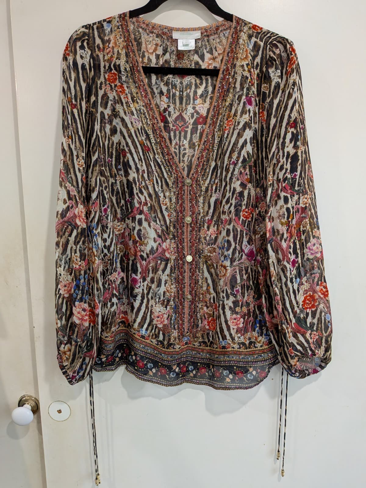 Camilla Liv A Little Silk Button Blouse L Red Brown Animal Top Pink Crystals — photo 3 of 21