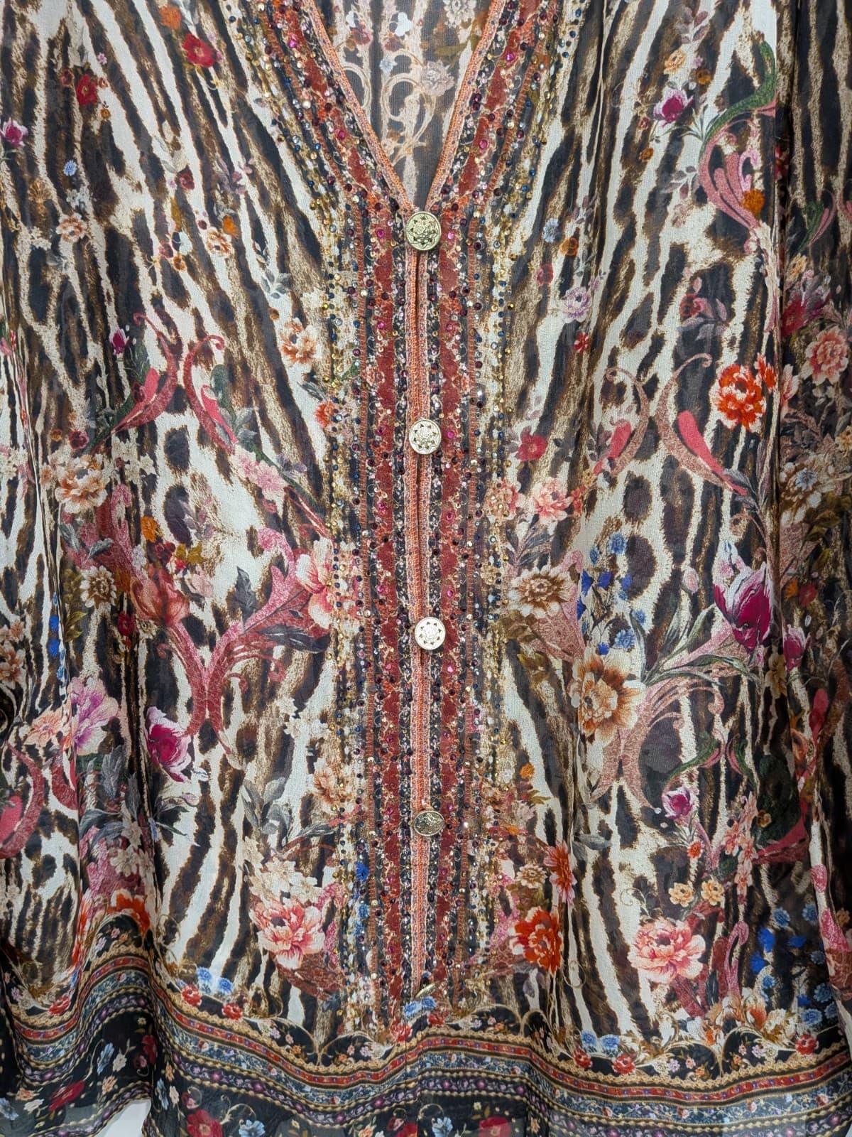 Camilla Liv A Little Silk Button Blouse L Red Brown Animal Top Pink Crystals — photo 4 of 21