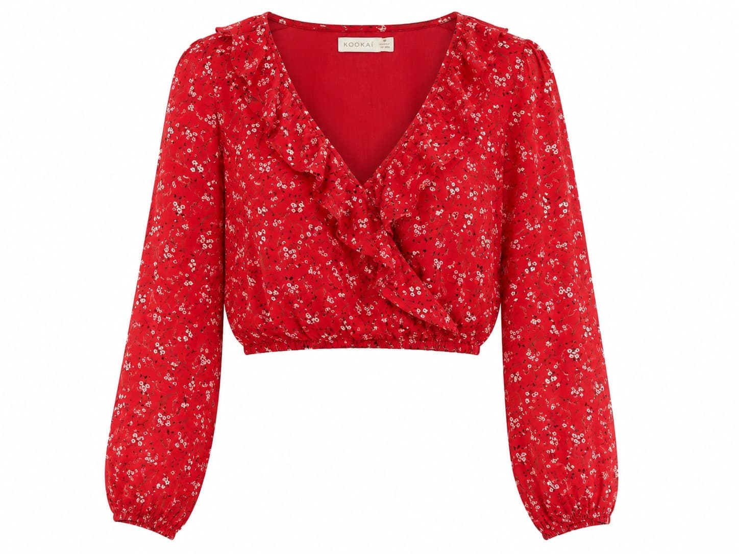 Kookai Crop Top Size 38 AU 10 Red Floral Wrap Ruffle Long Sleeve Boho Blouse — photo 2 of 9