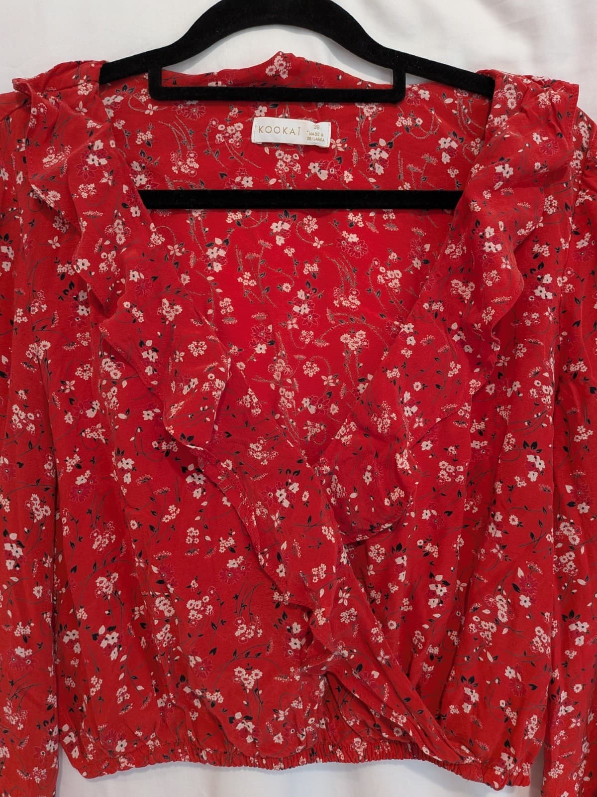 Kookai Crop Top Size 38 AU 10 Red Floral Wrap Ruffle Long Sleeve Boho Blouse — photo 4 of 9