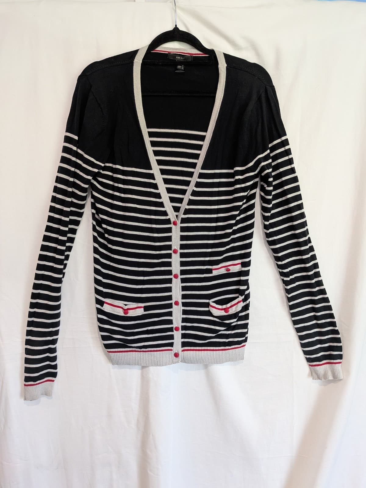 MNG Mango Cardigan Size AU 10 US 6 Black White Stripe Silk Blend Nautical Preppy — photo 3 of 11