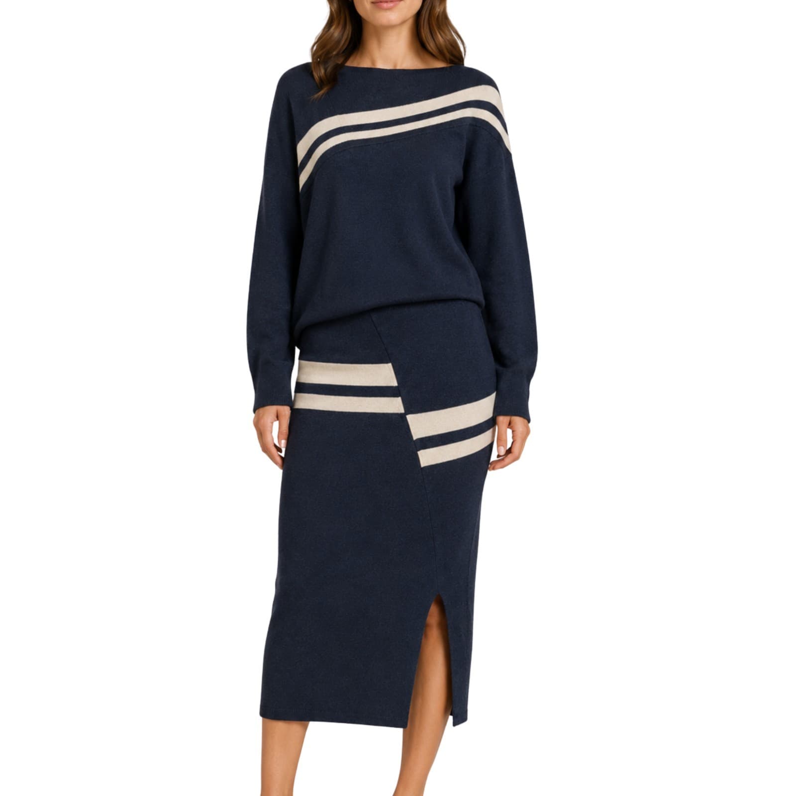 Country Road L Merino Wool Knit Top Skirt Set Navy Stripe Co Ord Woolmark — photo 1 of 18