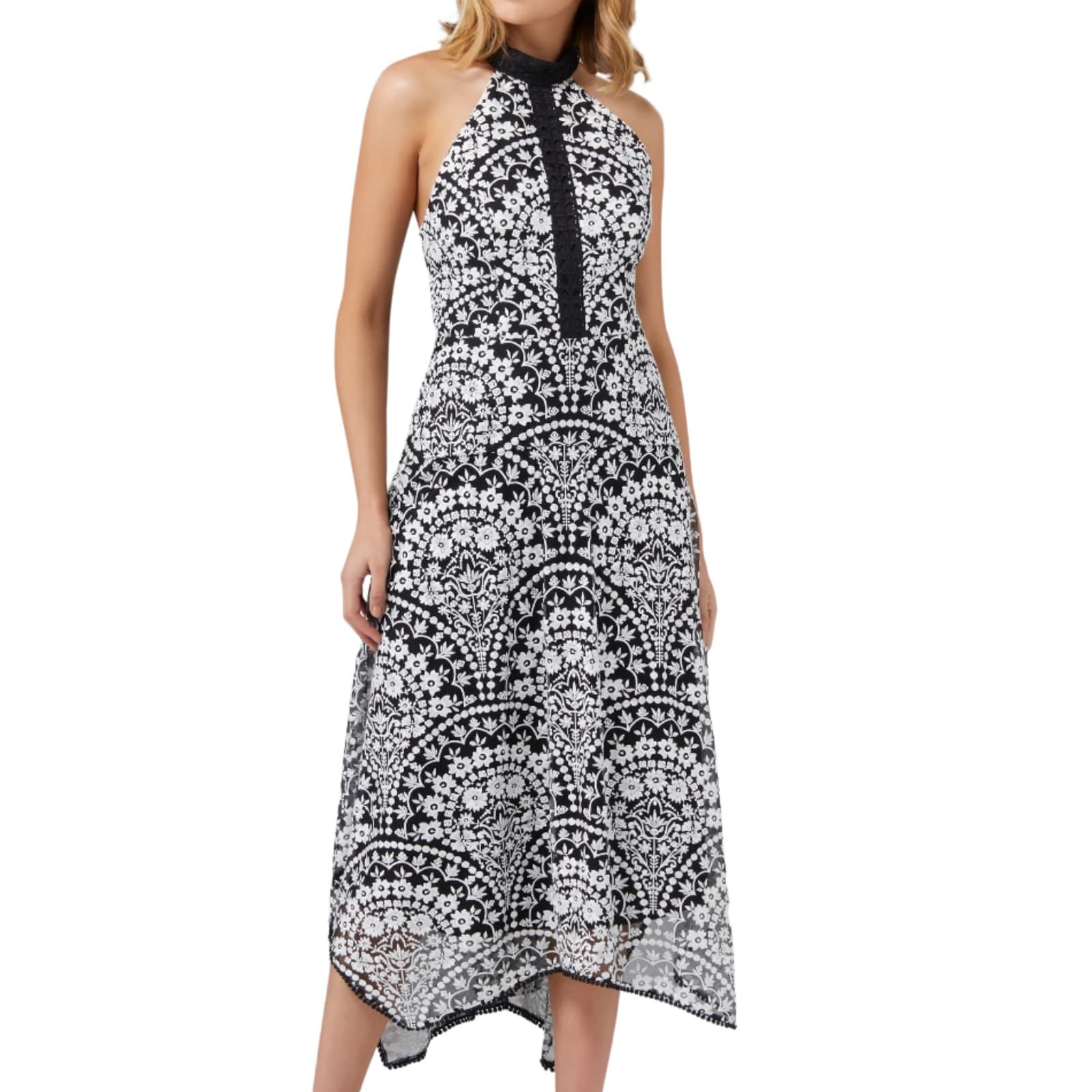 Forever New Dress Black White Embroidered Halter Cocktail Midi Size 14 US 10 — photo 1 of 15